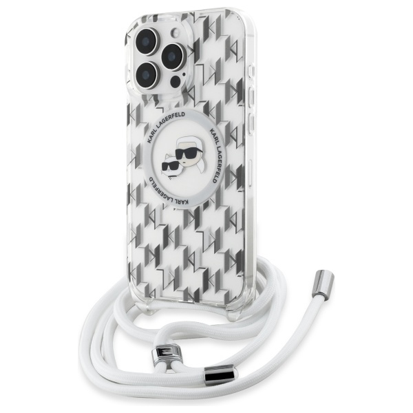 Karl Lagerfeld Klhmp16lhckcklct Transparente Hartschalen-umhängetasche Für Iphone 16 Pro (6,3 Zoll) Mit Iml-umhängegurt, Monogram Karl & Choupette Head Und Magsafe-verschluss