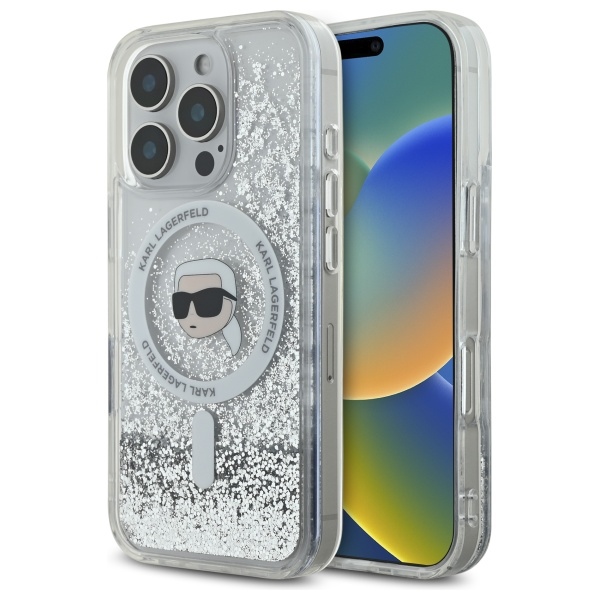 Karl Lagerfeld Klhmp16llgkisgh Iphone 16 Pro 6,3" Hartschalenetui, Transparent, Mit Flüssigem Glitzer, Karl Head Magsafe