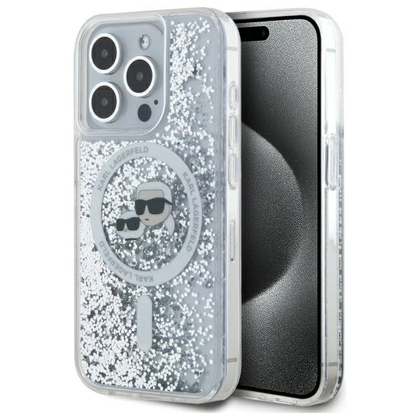 Karl Lagerfeld Klhmp15xlgkcsgh Iphone 15 Pro Max 6,7" Hartschalenetui, Transparent, Mit Flüssigem Glitzer, Karl & Choupette Kopf, Magsafe