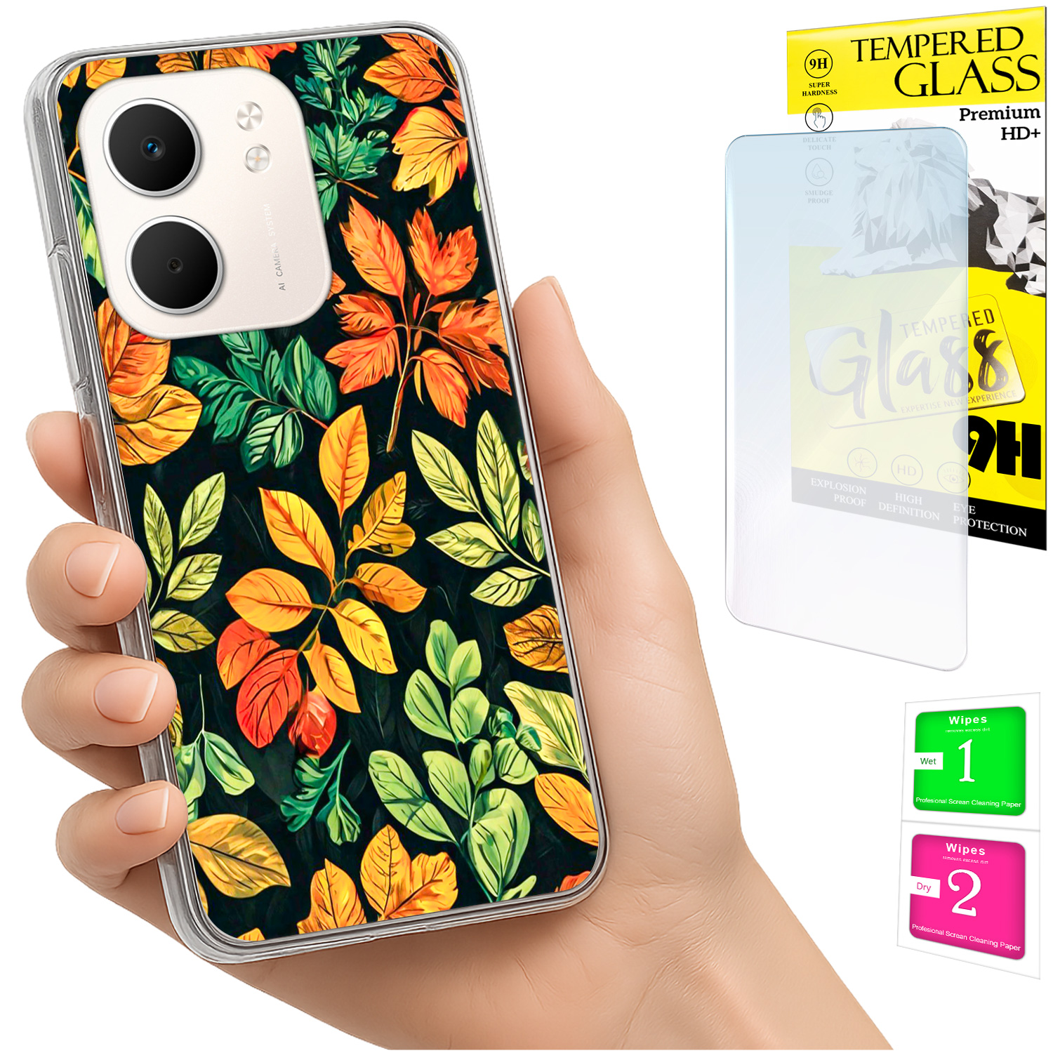 Schutzhülle Für Oppo A5x Foto: Rückseite Mit Blättermotiv + 9h-glas