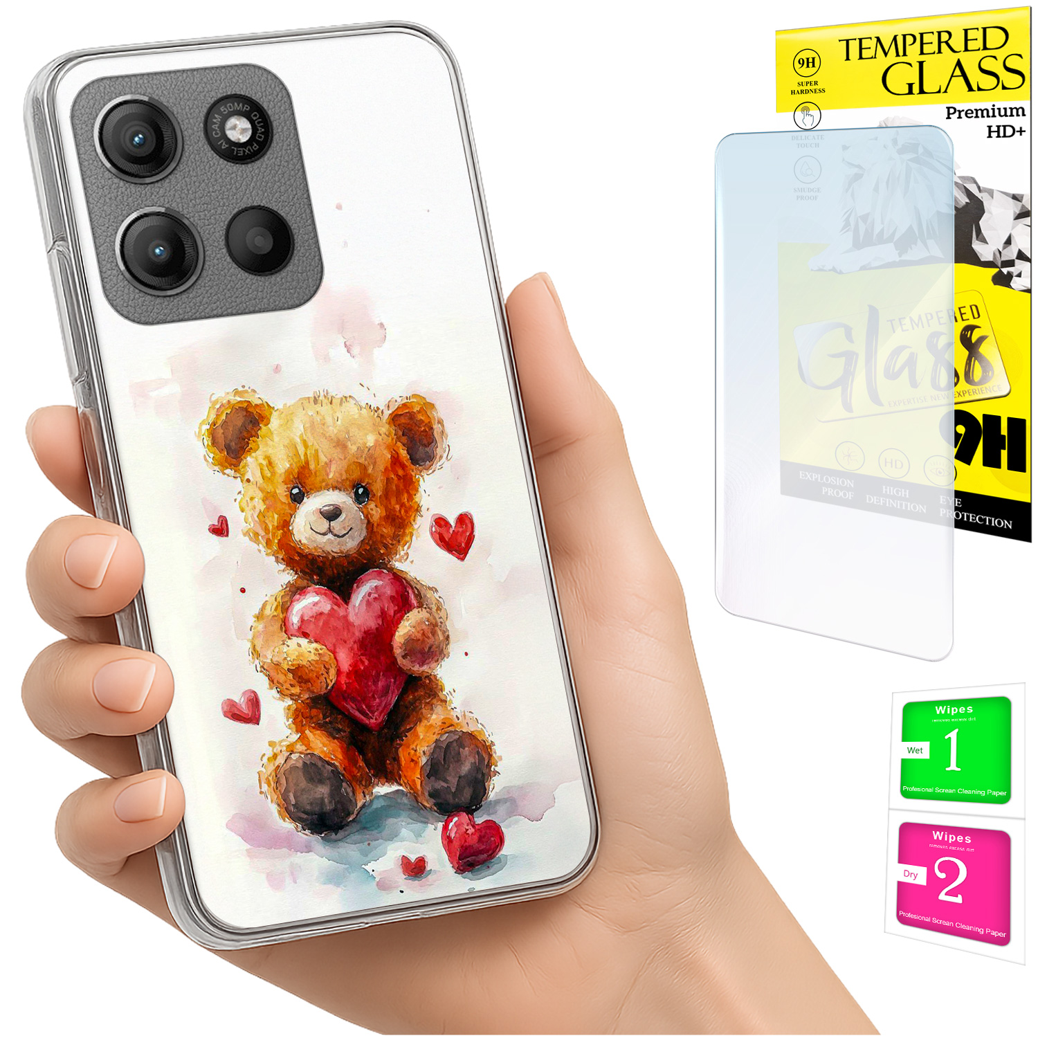 Schutzhülle Für Motorola Moto G15: Rückseite Mit Foto, Teddybär-motiv + Glas