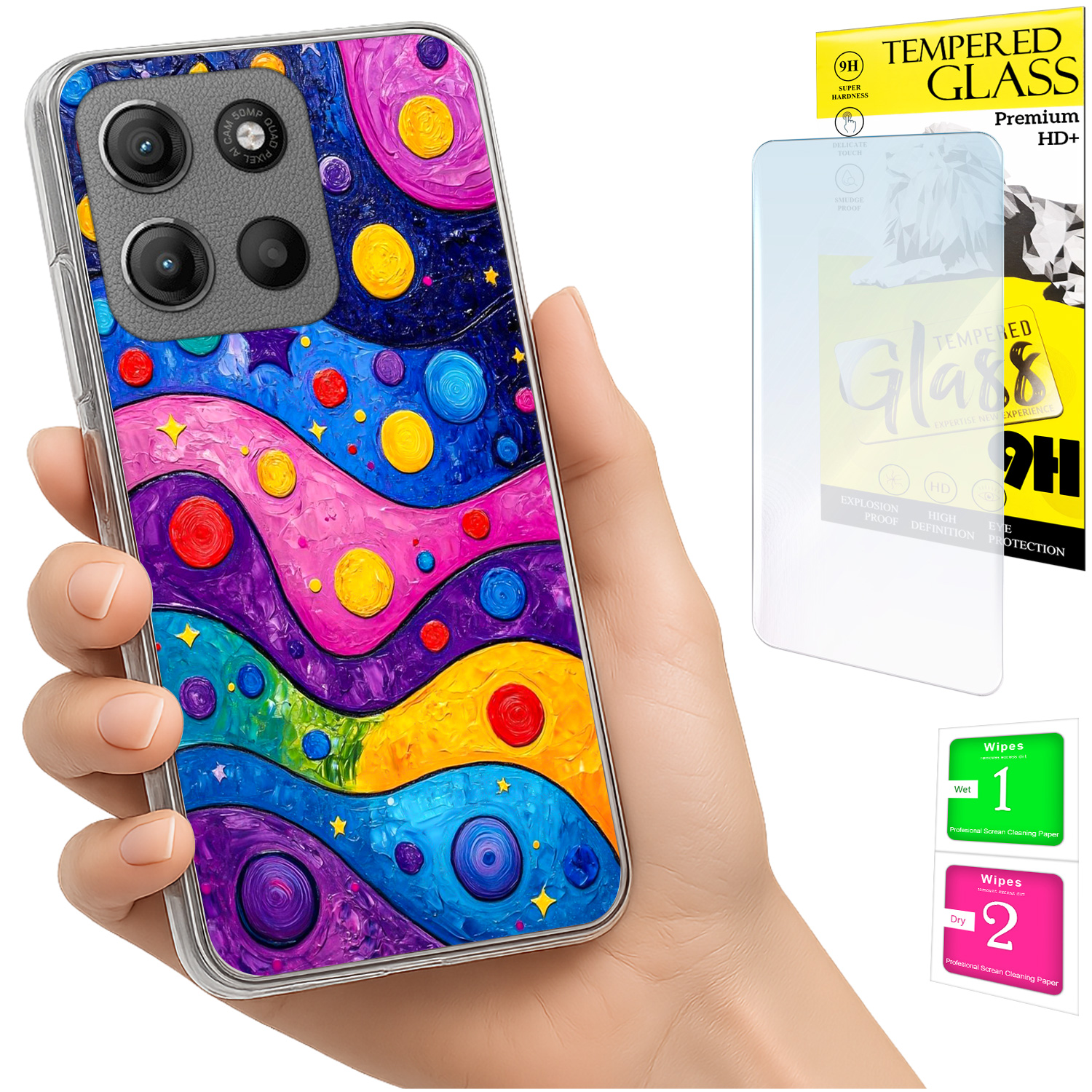 Schutzhülle Für Motorola Moto G15, Fotohülle, Rückseite Wellen + Glas