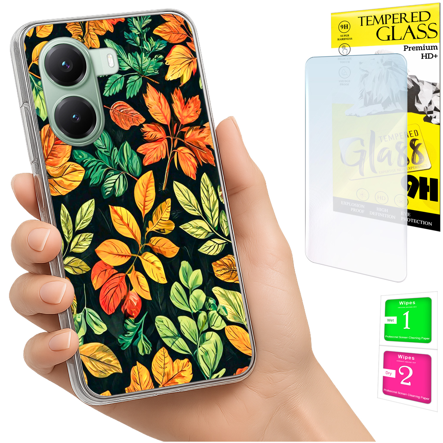 Schutzhülle Für Xiaomi Poco X7 Pro 5g: Fotohülle Mit Blättermotiv Auf Der Rückseite + 9h-glas