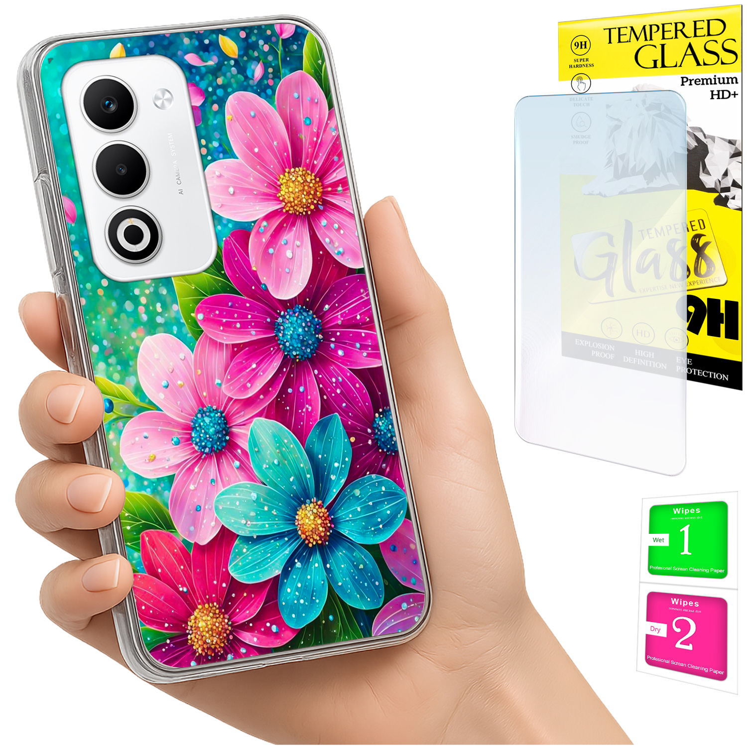 Schutzhülle Für Oppo A5 5g: Fotohülle Mit Blumenmuster Auf Der Rückseite + 9h-glas