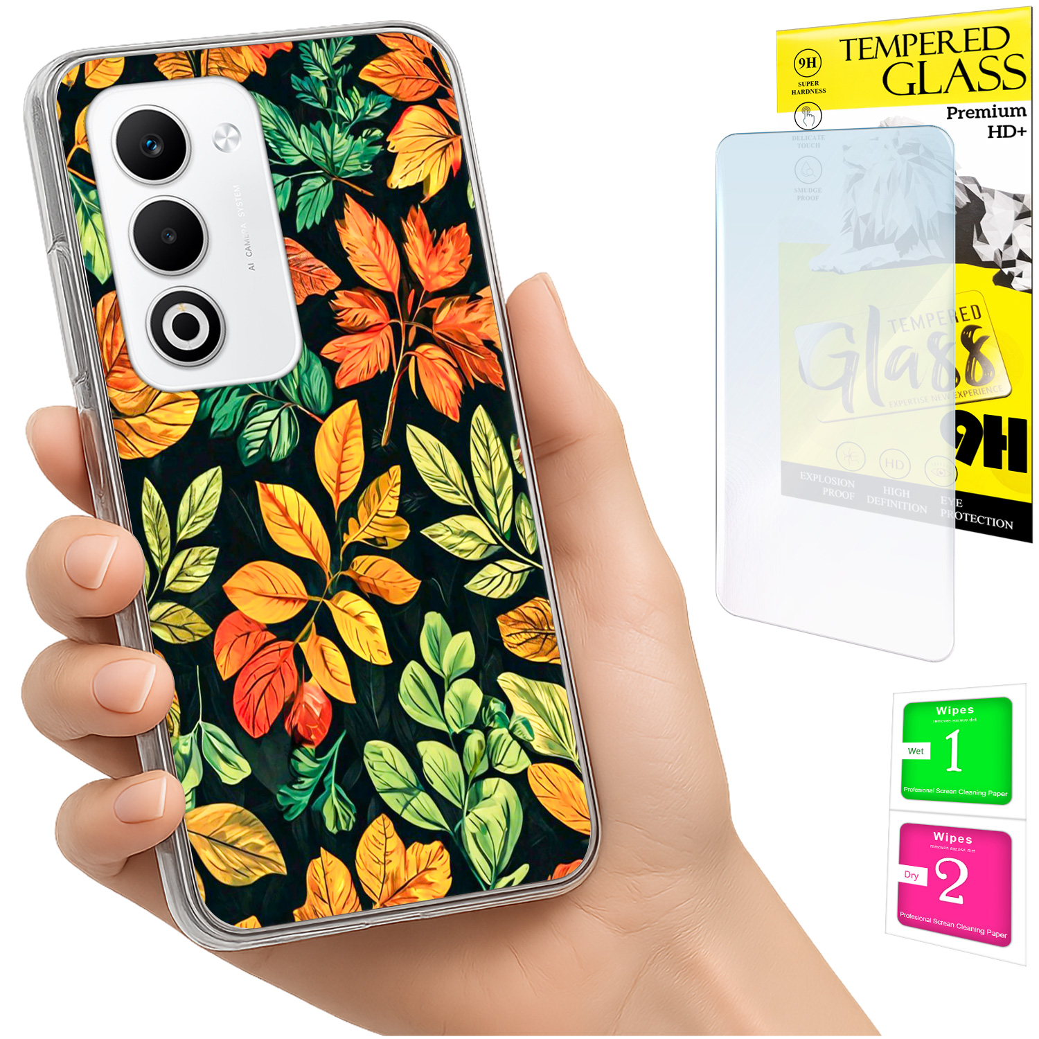 Schutzhülle Für Oppo A5 5g: Fotohülle Mit Blättermotiv Auf Der Rückseite + 9h-glas