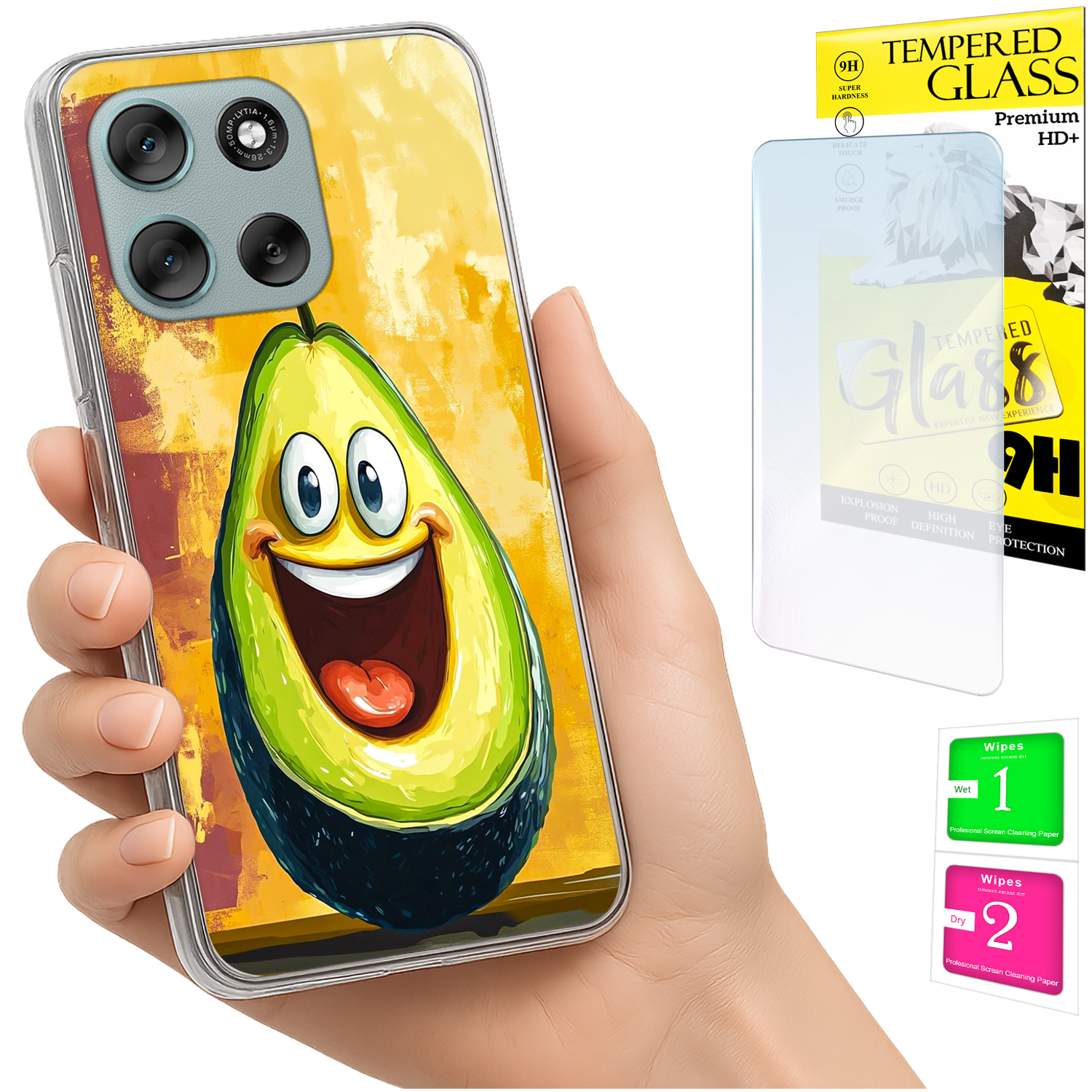 Schutzhülle Für Motorola Moto G56: Fotohülle, Rückseite Mit Avocado- Und Glasmotiv.