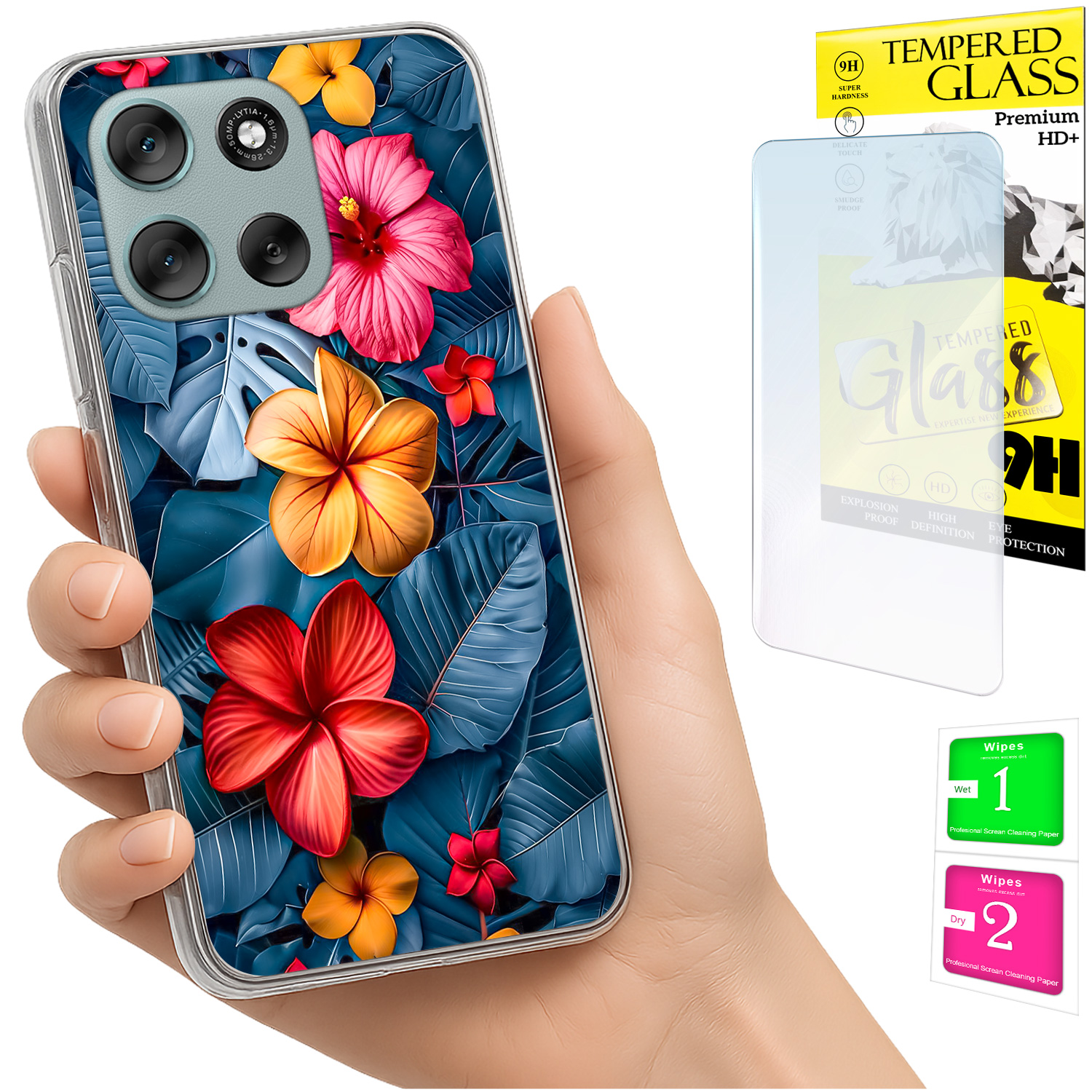 Schutzhülle Für Motorola Moto G56: Rückseite Mit Blumen- Und Glasmotiven