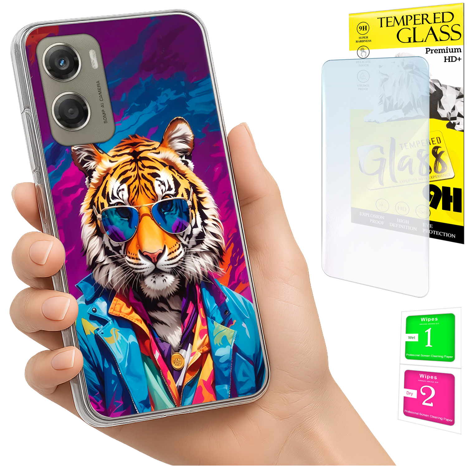 Schutzhülle Für Motorola Moto G06 / G06 Power, Rückseite Tiger + Glas