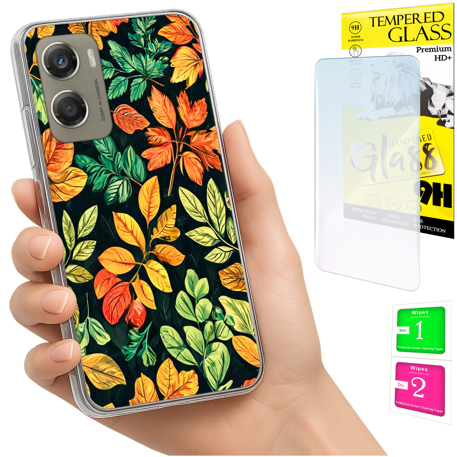 Schutzhülle Für Motorola Moto G06 / G06 Power, Rückseite Mit Blättermotiv + 9h-glas