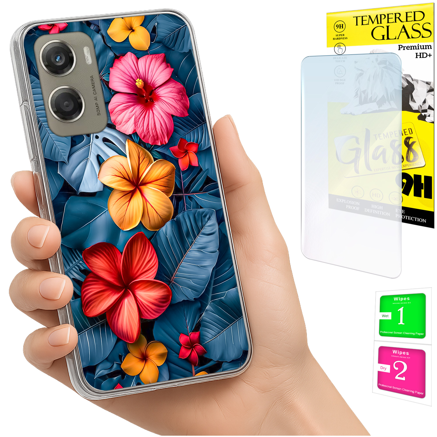 Schutzhülle Für Motorola Moto G06 / G06 Power, Rückseite Mit Blumenmuster Und Glas