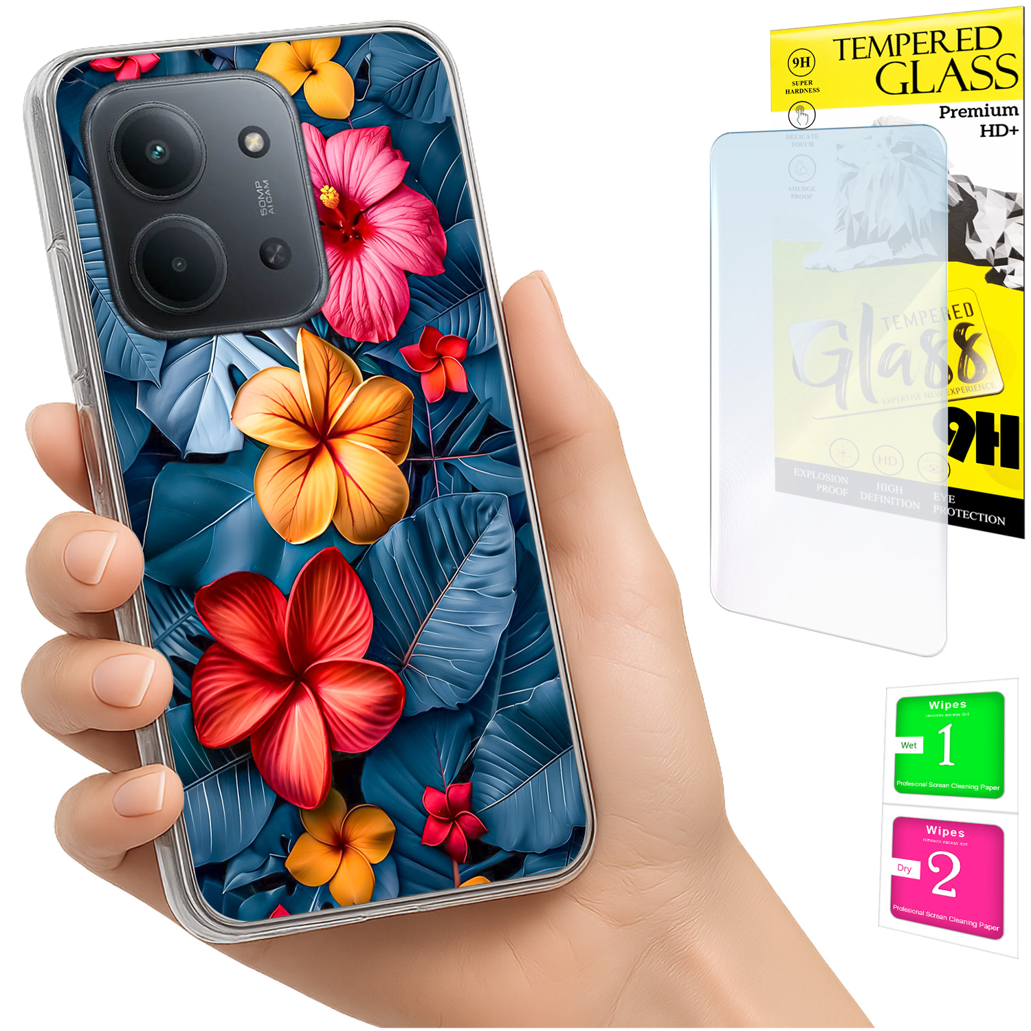 Schutzhülle Für Xiaomi Redmi 15c 5g 173 Mm / Poco C85, Rückseite Mit Blumenmuster + 9h-glas