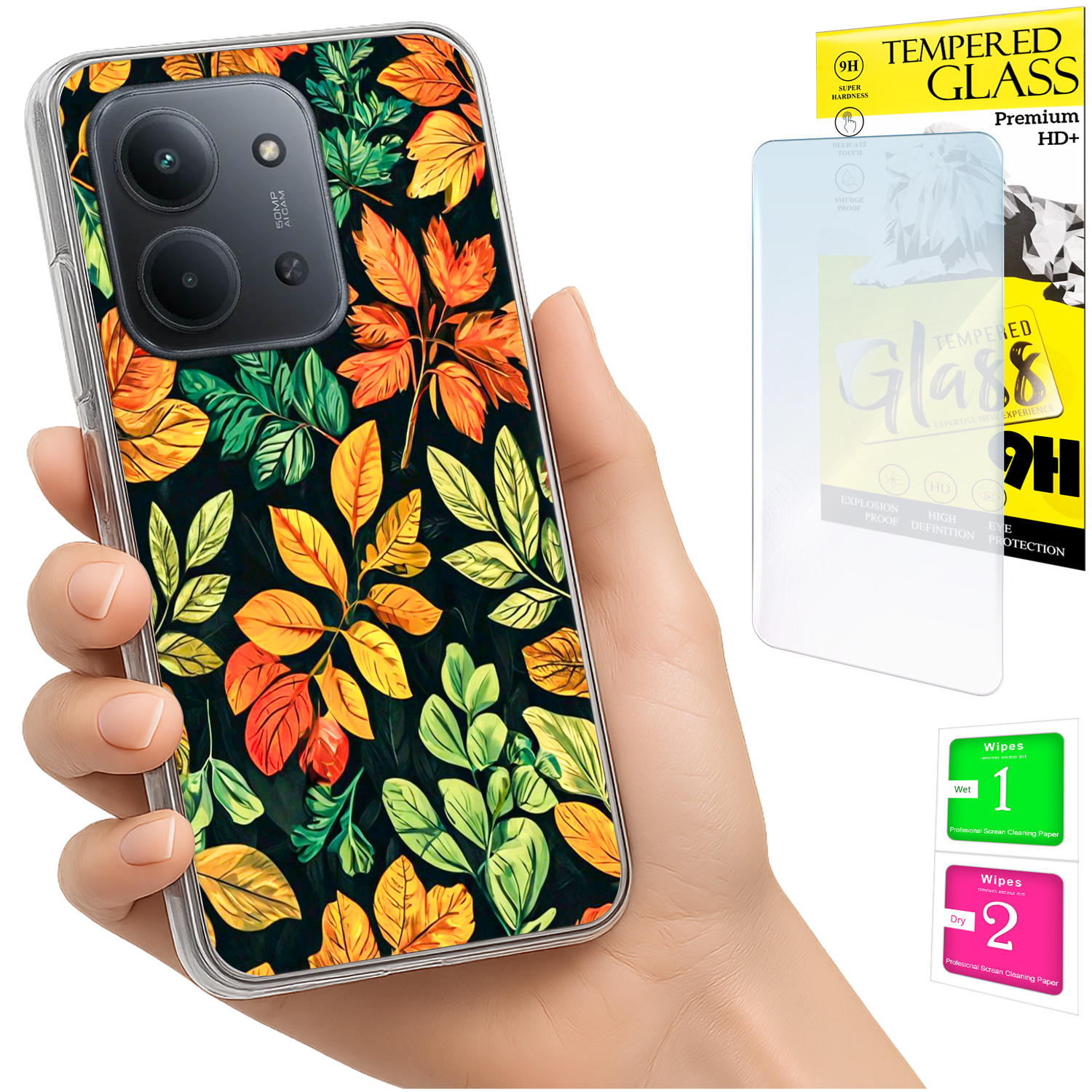 Schutzhülle Für Xiaomi Redmi 15c 5g 173 Mm / Poco C85, Rückseite Mit Blattmotiv + 9h-glas