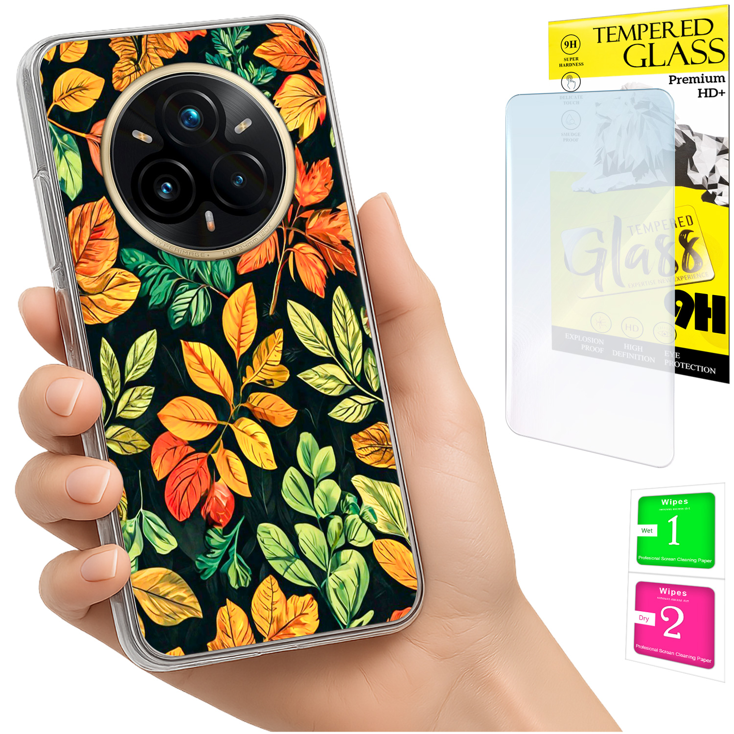 Schutzhülle Für Realme 14 Pro+ 5g / 14 Pro Plus 5g Fotohülle Mit Blattmotiv Und Glasrückseite