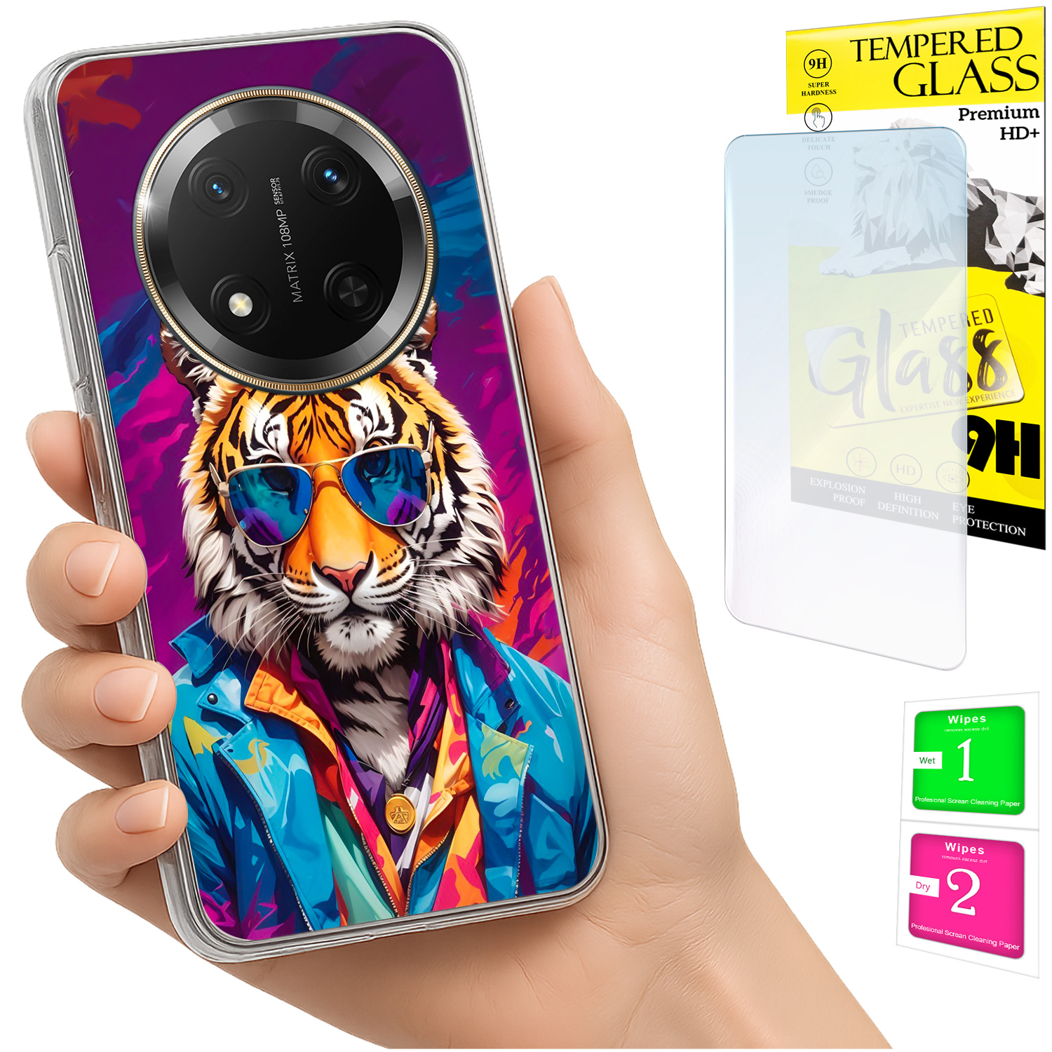 Schutzhülle Für Honor Magic7 Lite: Fotohülle Mit Tiger- Und Glasmotiv Auf Der Rückseite + Glas
