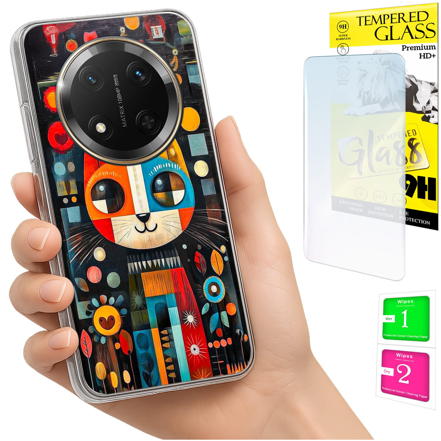 Schutzhülle Für Honor Magic7 Lite: Rückseite Mit Katzenmotiv + Glas