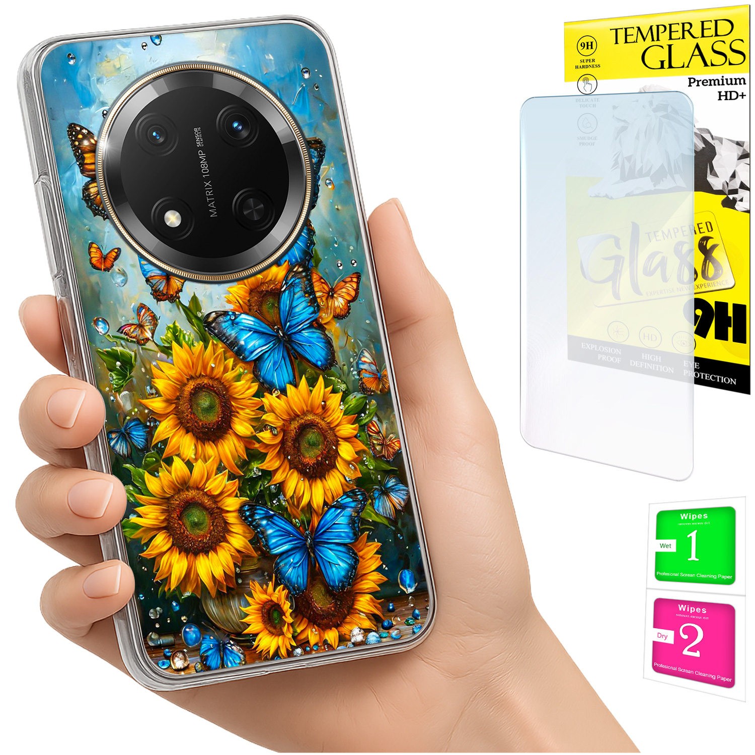 Schutzhülle Für Honor Magic7 Lite: Fotohülle Mit Schmetterlingsmotiv Auf Der Rückseite + Glas