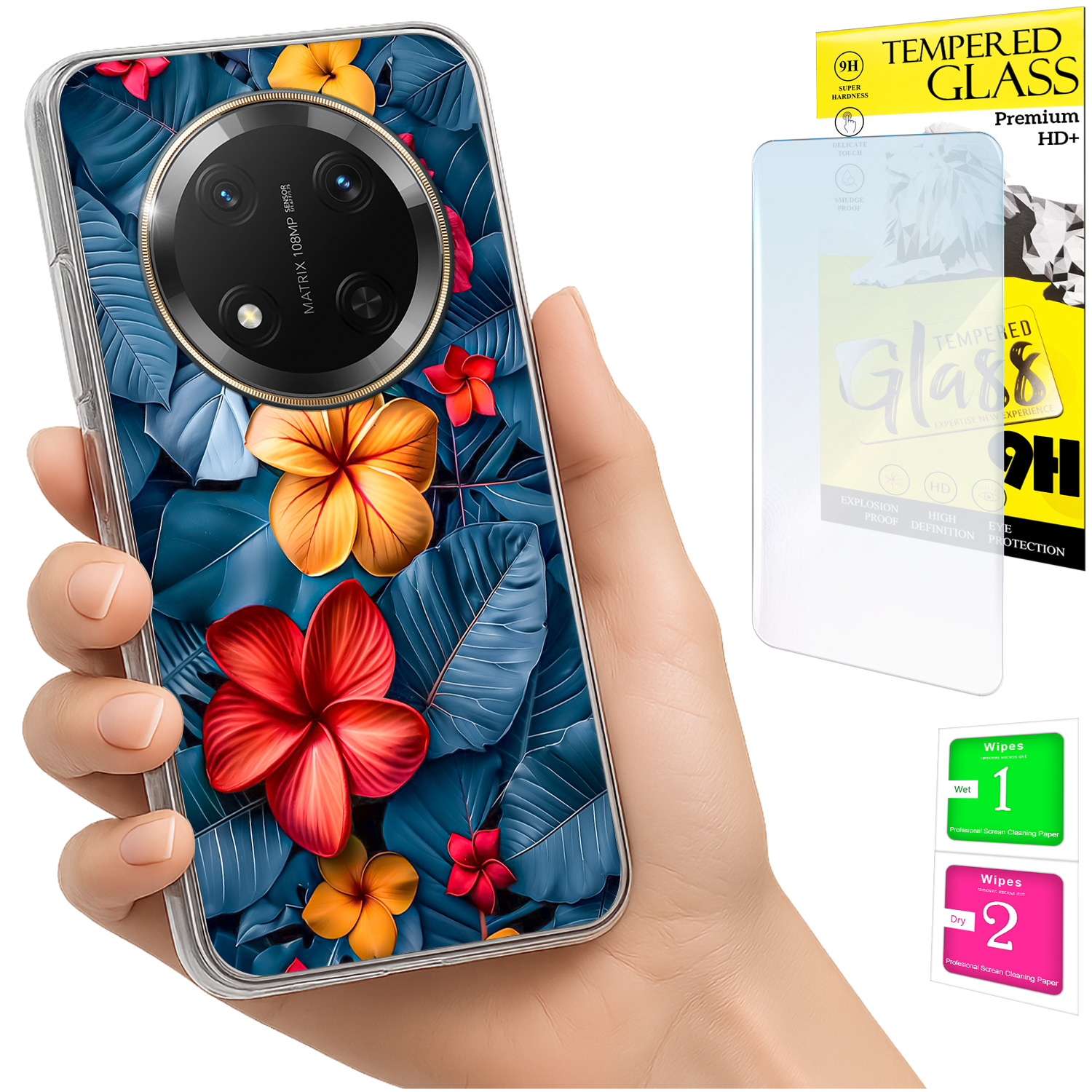 Schutzhülle Für Honor Magic7 Lite: Fotohülle Mit Blumenmuster Auf Der Rückseite + Glas