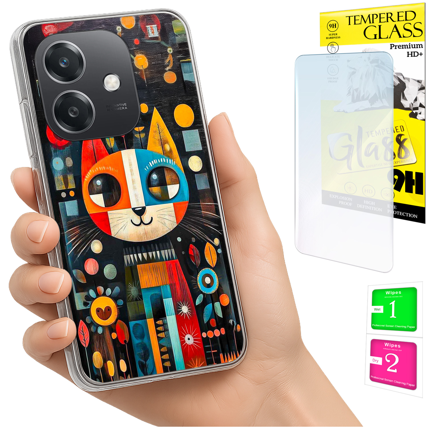 Schutzhülle Für Oppo A40 / A40m / A60 5g, Rückseite Mit Foto, Katzenmotiv + Glas