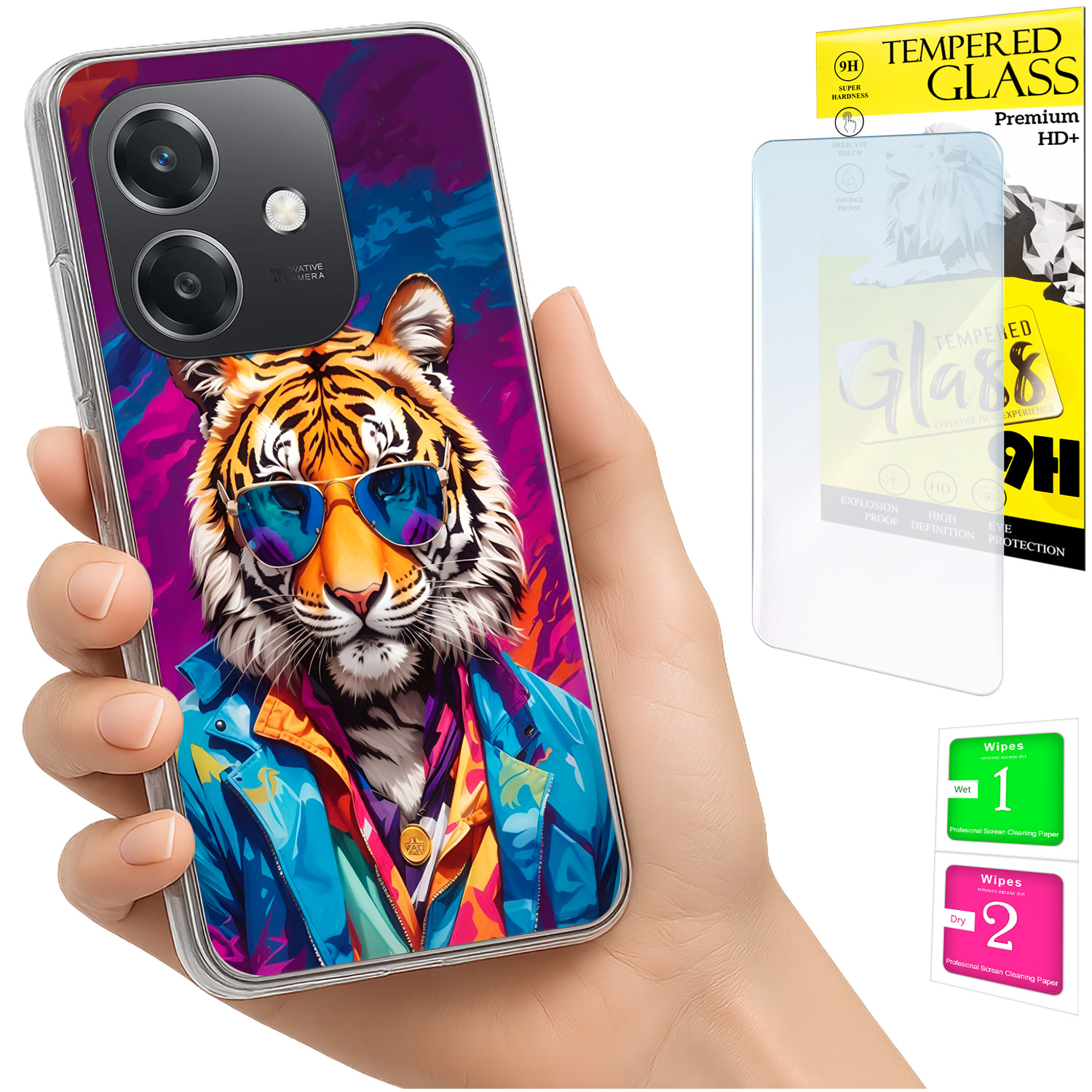 Schutzhülle Für Oppo A40 / A40m / A60 5g, Rückseite Mit Tiger-motiv Und Glas