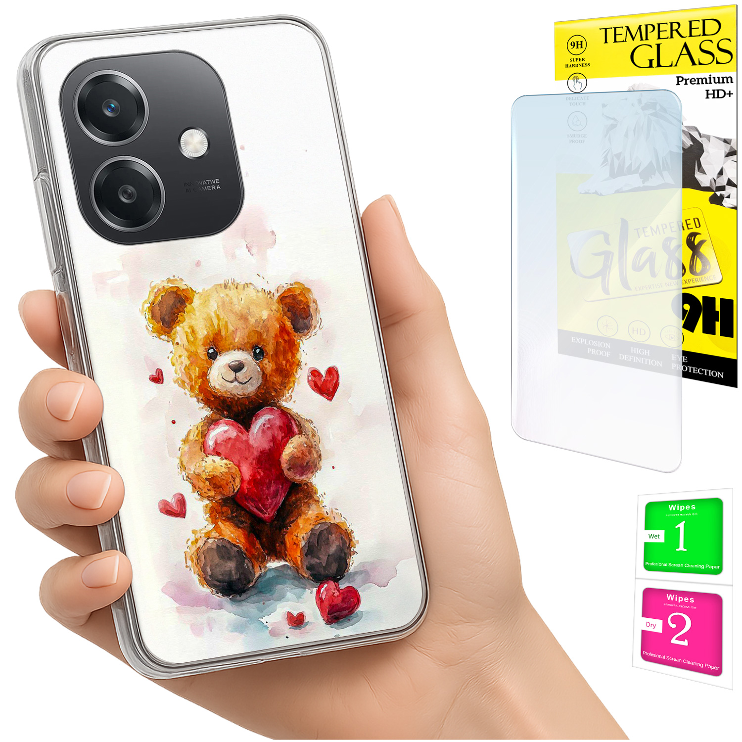 Schutzhülle Für Oppo A40 / A40m / A60 5g: Foto-rückseite Mit Teddybärmotiv Und Glas