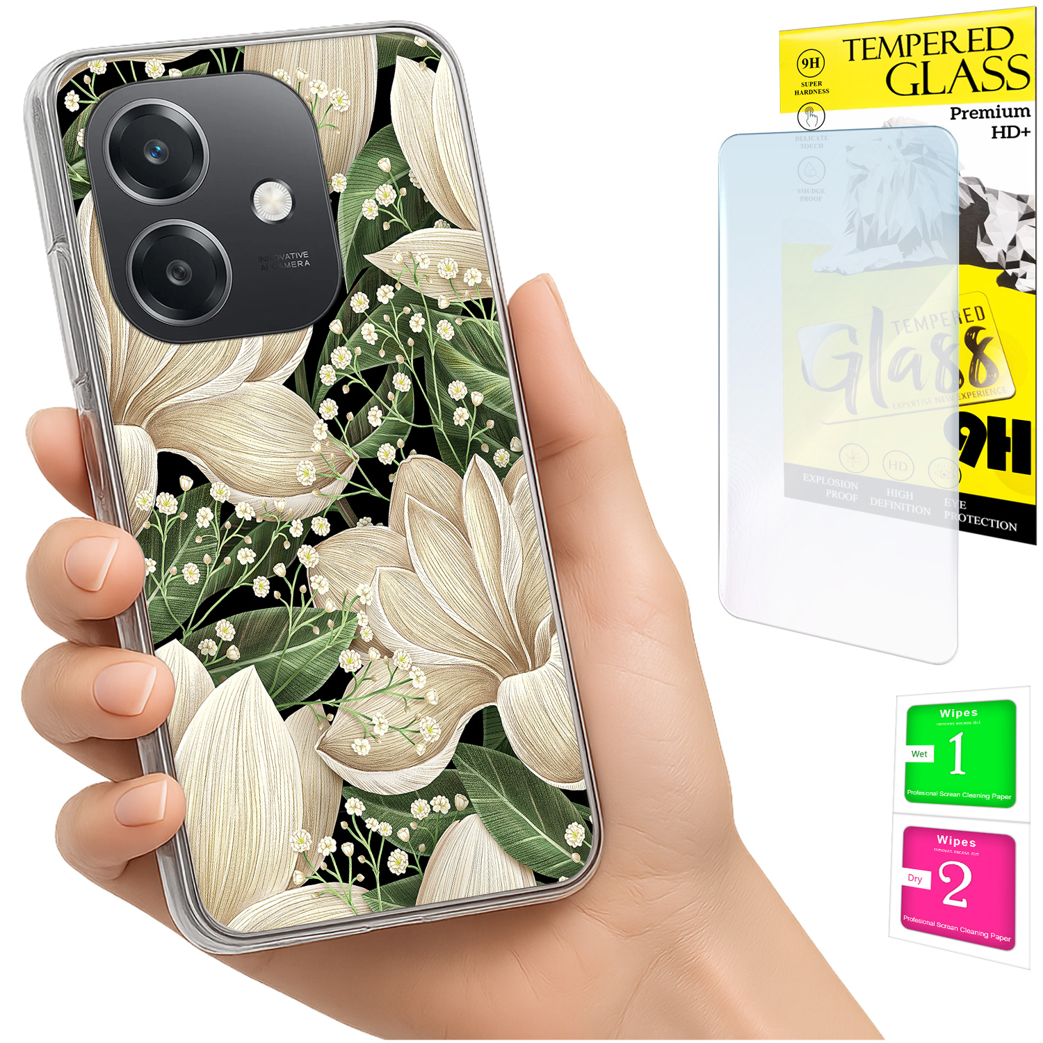 Schutzhülle Für Oppo A40 / A40m / A60 5g, Foto-rückseite Mit Blumenmuster Und Glas