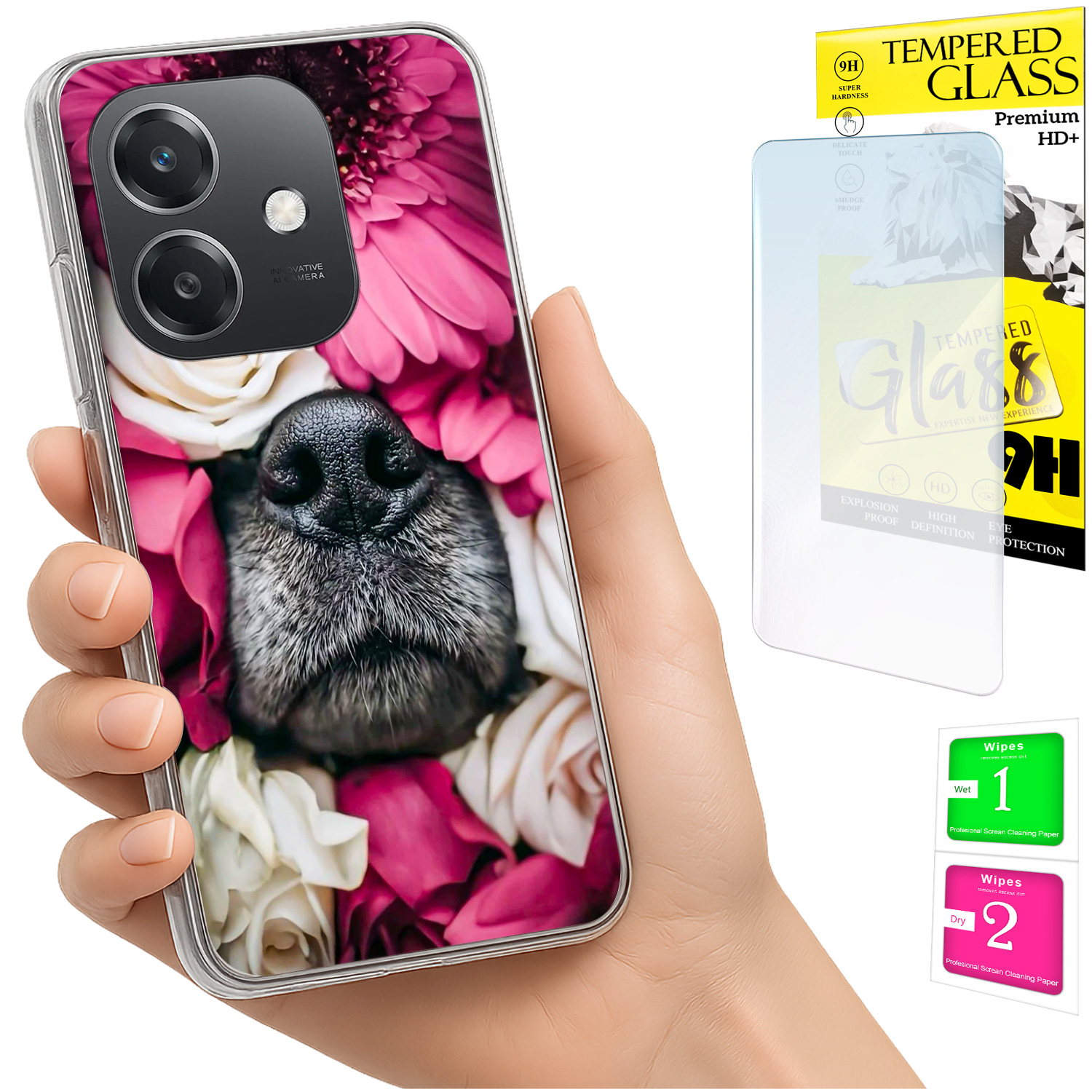 Schutzhülle Für Oppo A40 / A40m / A60 5g Mit Foto-motiv, Rückseite Mit Hundemotiv Und Glas