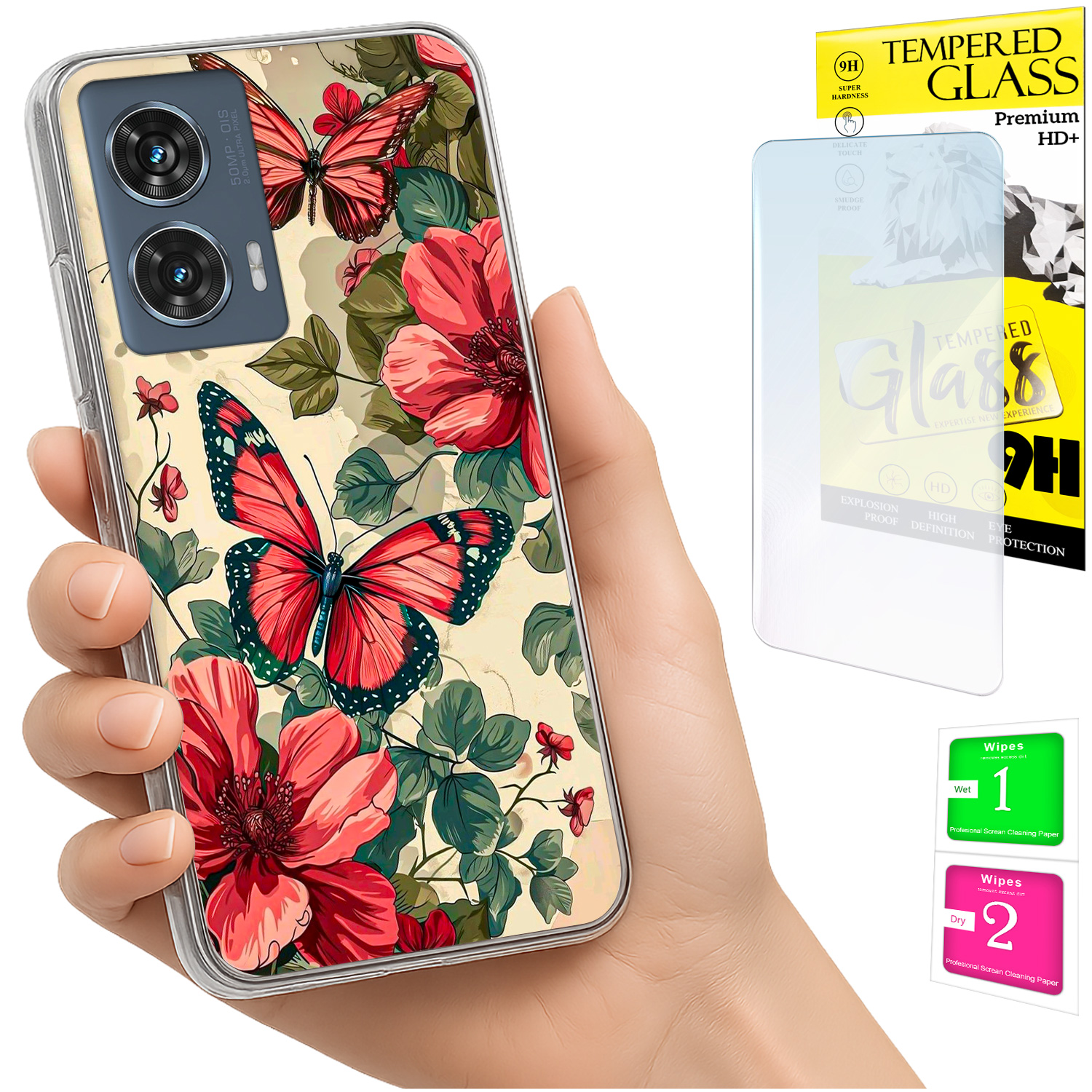 Schutzhülle Für Motorola Edge 50 Fusion: Fotohülle Mit Schmetterlingsmotiv Auf Der Rückseite + 9h-glas