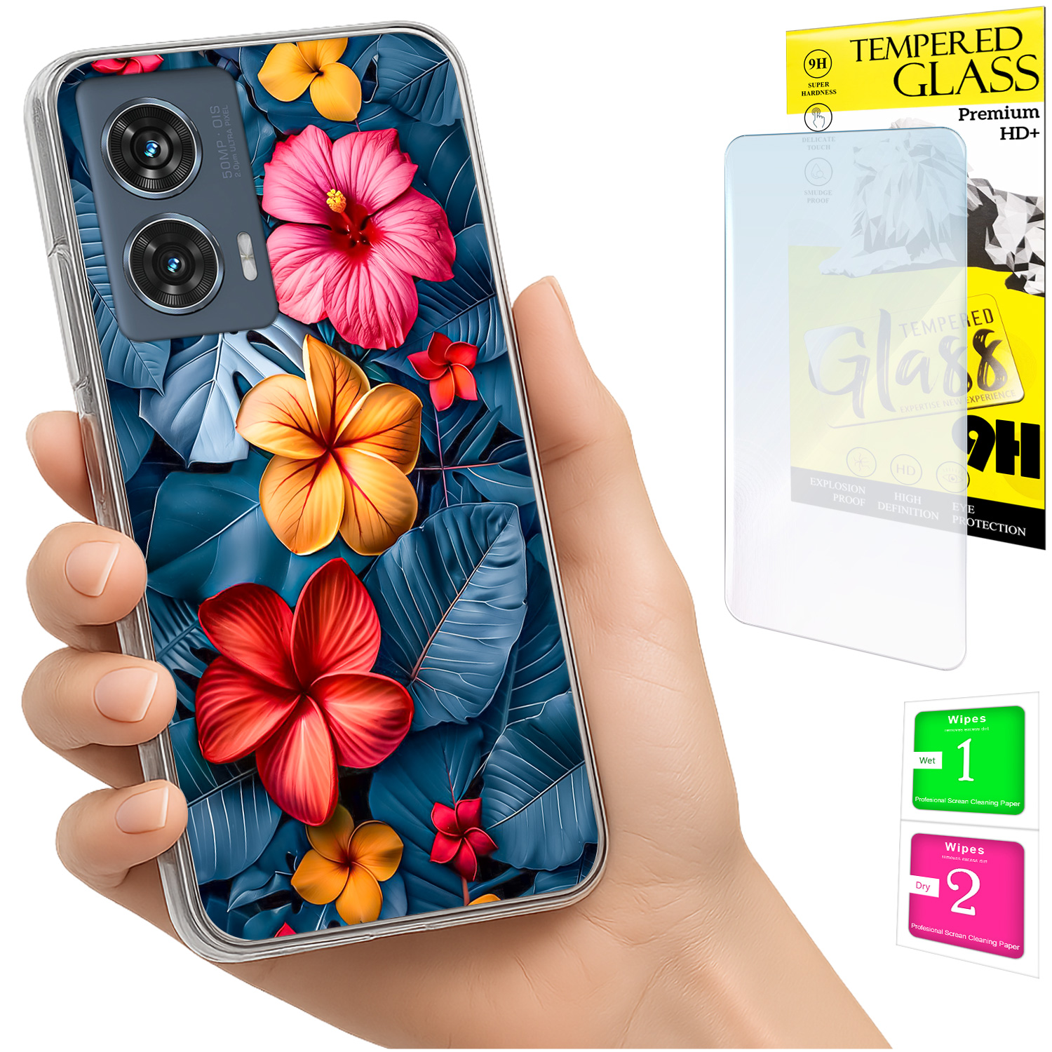Schutzhülle Für Motorola Edge 50 Fusion Mit Fotomotiv, Rückseite Mit Blumenmuster + 9h-glas