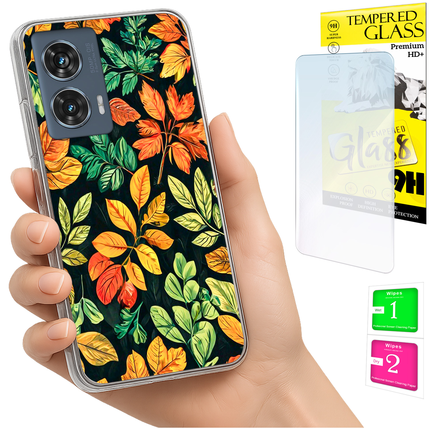 Schutzhülle Für Motorola Edge 50 Fusion: Fotohülle Mit Blättermotiv Auf Der Rückseite + 9h-glas
