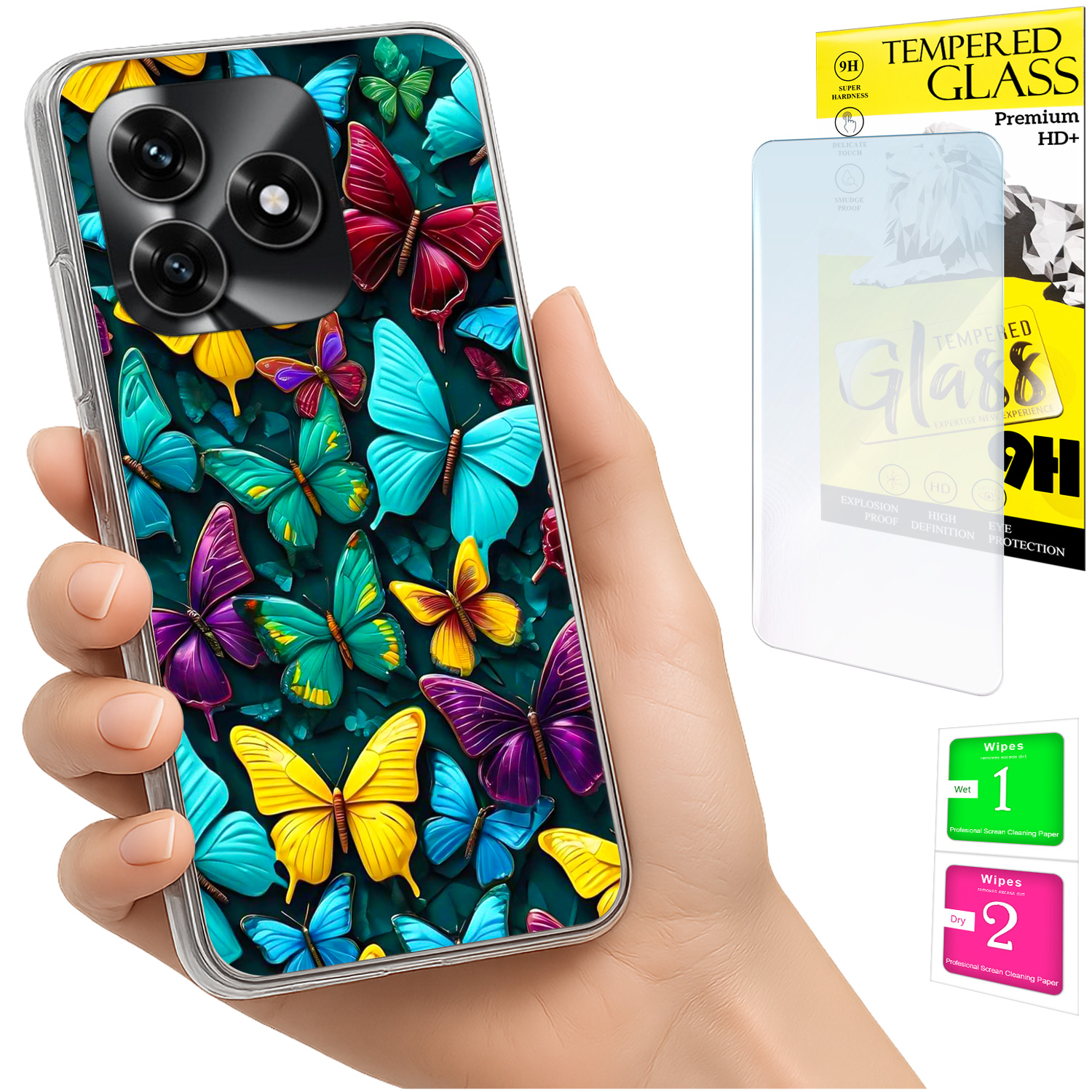Schutzhülle Für Honor X5c Plus / X5c 4g: Fotohülle Mit Schmetterlingsmotiv Auf Der Rückseite + 9h-glas