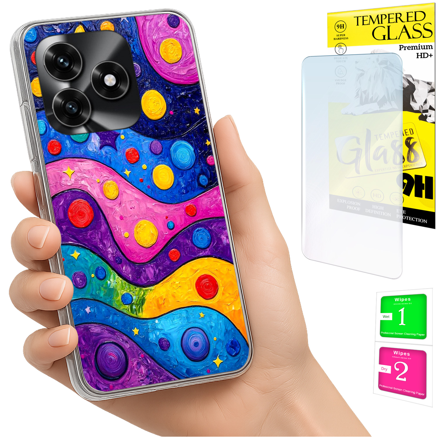 Schutzhülle Für Honor X5c Plus / X5c 4g: Foto-rückseite Mit Wellenmuster Und 9h-glas