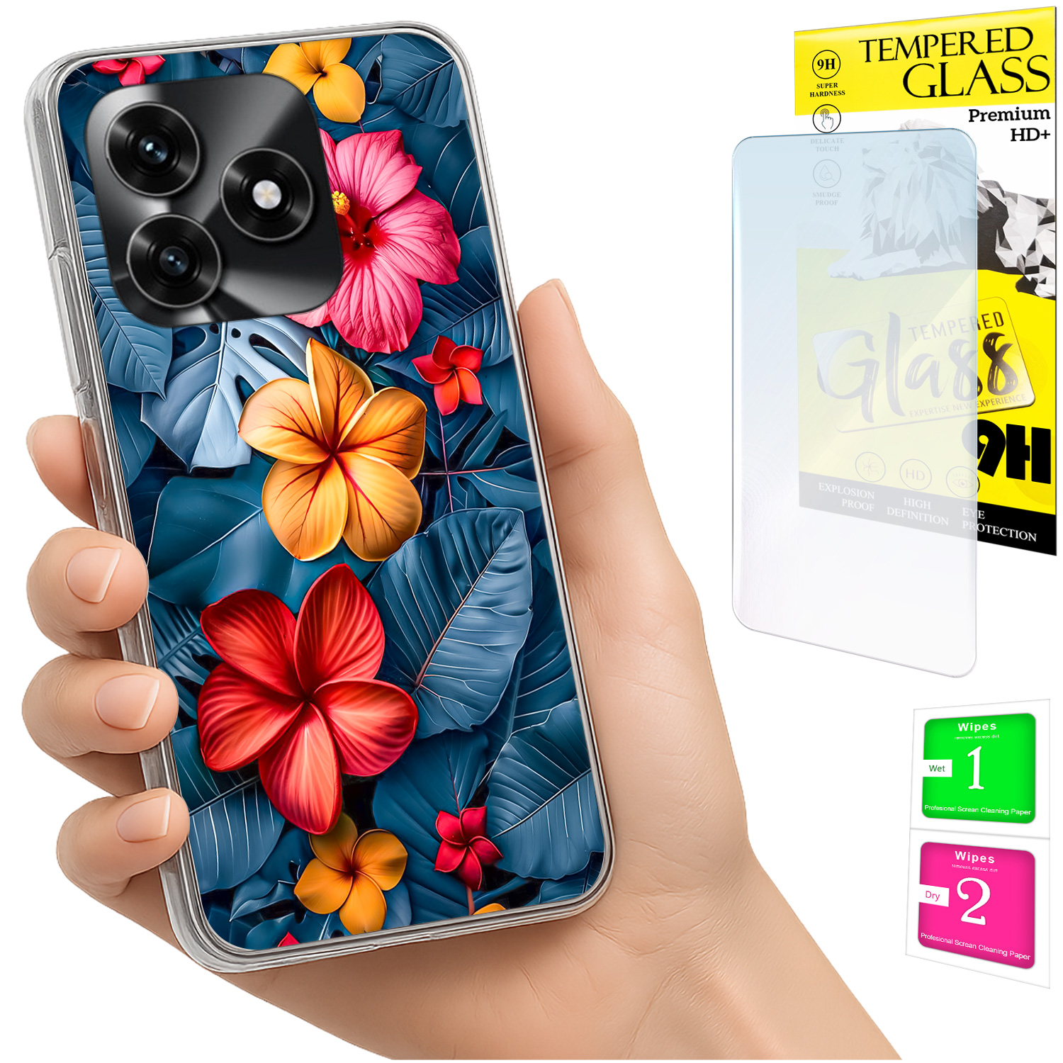 Schutzhülle Für Honor X5c Plus / X5c 4g: Foto-rückseite Mit Blumenmuster + 9h-glas