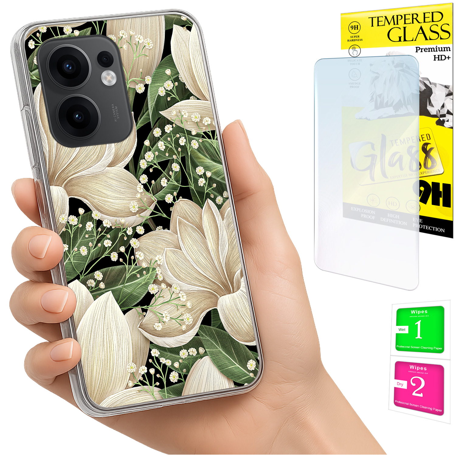 Schutzhülle Für Oppo Reno 13f 5g / 13 Fs 5g: Rückseite Mit Blumenmuster Und 9h-glas