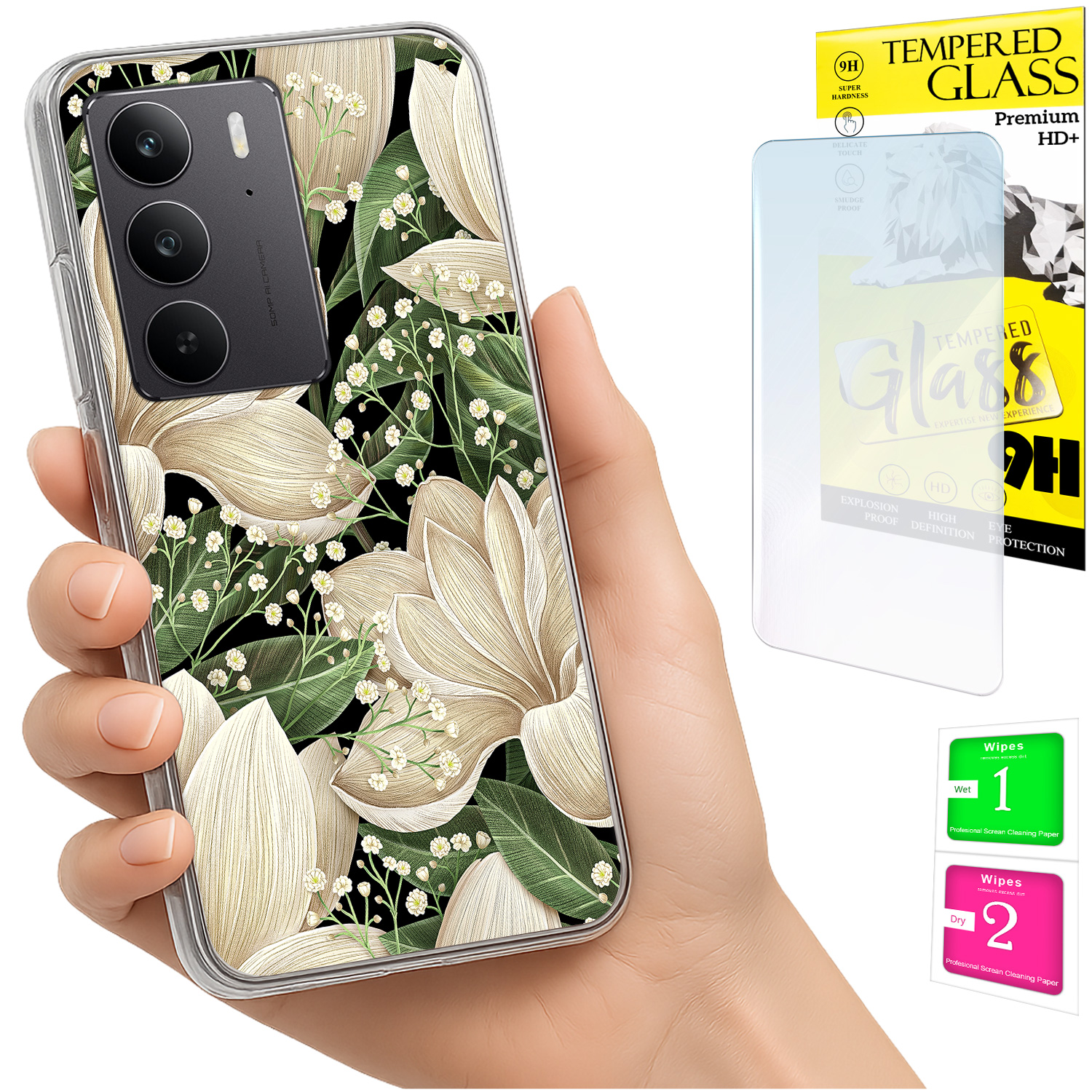 Schutzhülle Für Realme C75 / 14x 5g Mit Fotomotiv, Rückseite Mit Blumenmuster + 9h-glas