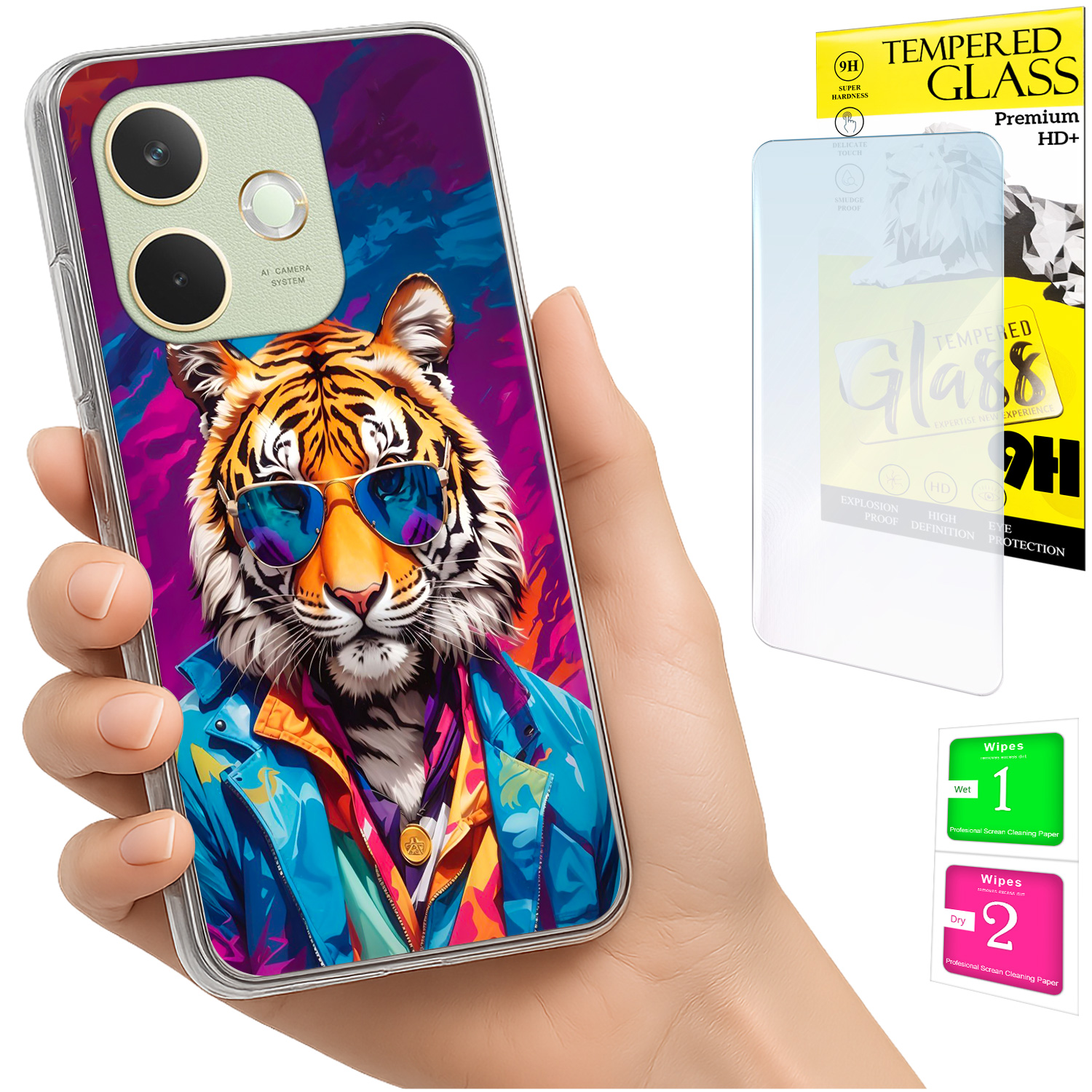 Schutzhülle Für Oppo A5 Pro: Rückseite Mit Tigergrafik Und 9h-glas