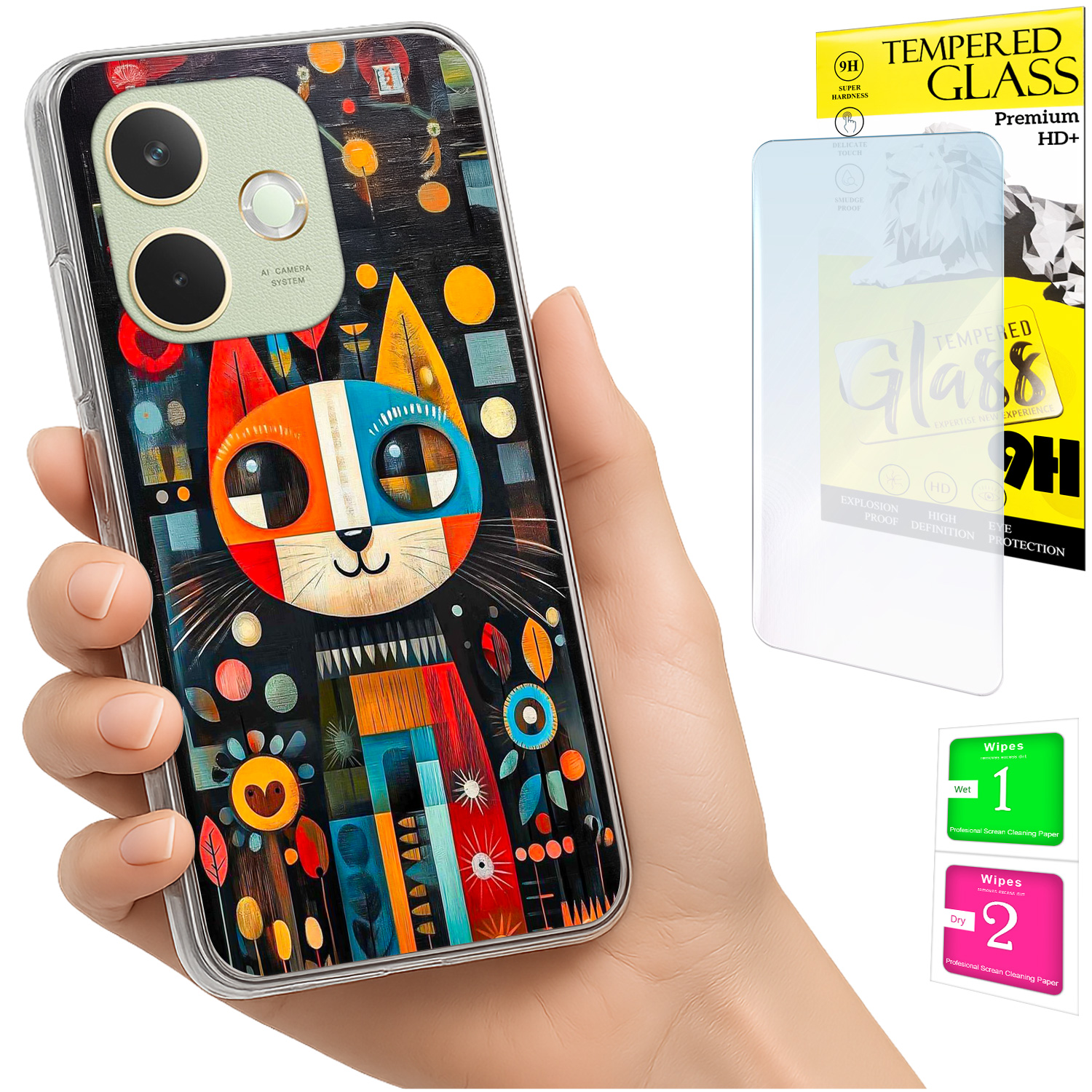 Schutzhülle Für Oppo A5 Pro: Foto-rückseite Mit Grafik-katzenmotiv + 9h-glas