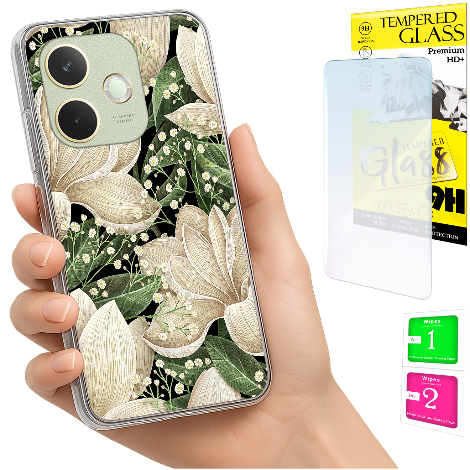 Schutzhülle Für Oppo A5 Pro: Fotohülle Mit Blumenmuster Auf Der Rückseite + 9h-glas
