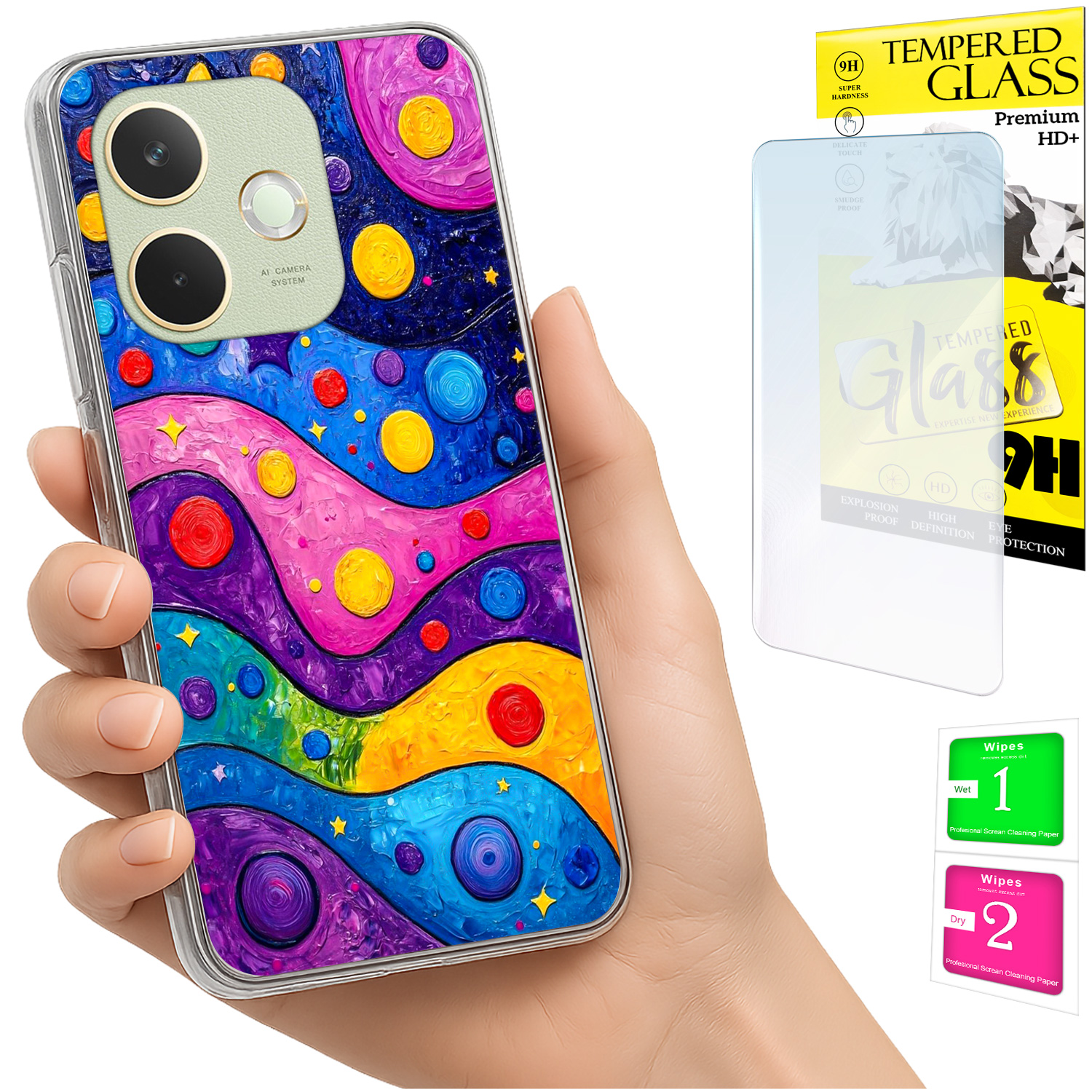 Schutzhülle Für Oppo A5 Pro: Fotohülle Mit Wellenmuster Auf Der Rückseite + 9h-glas