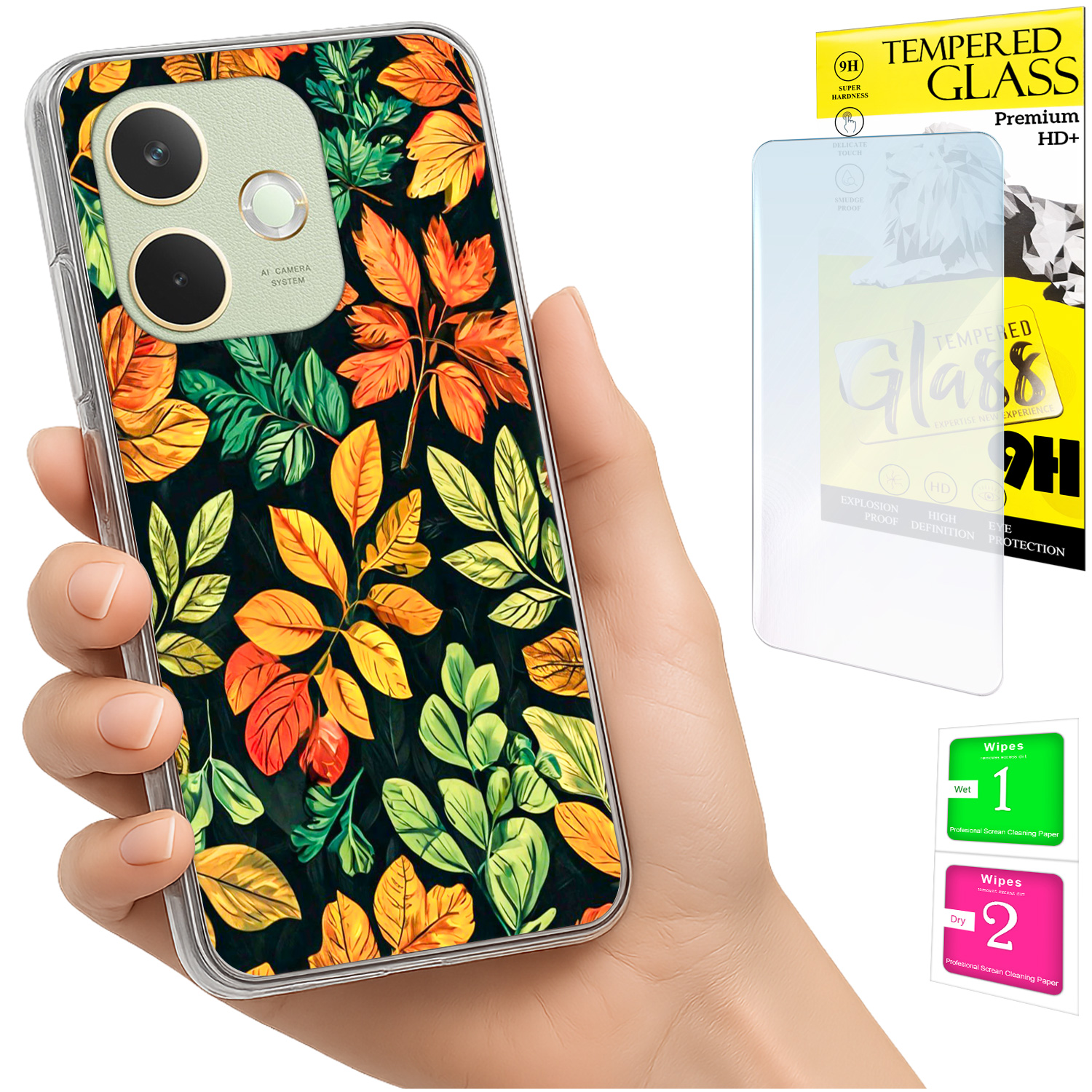 Schutzhülle Für Oppo A5 Pro: Fotohülle Mit Blättermotiv Auf Der Rückseite + 9h-glas
