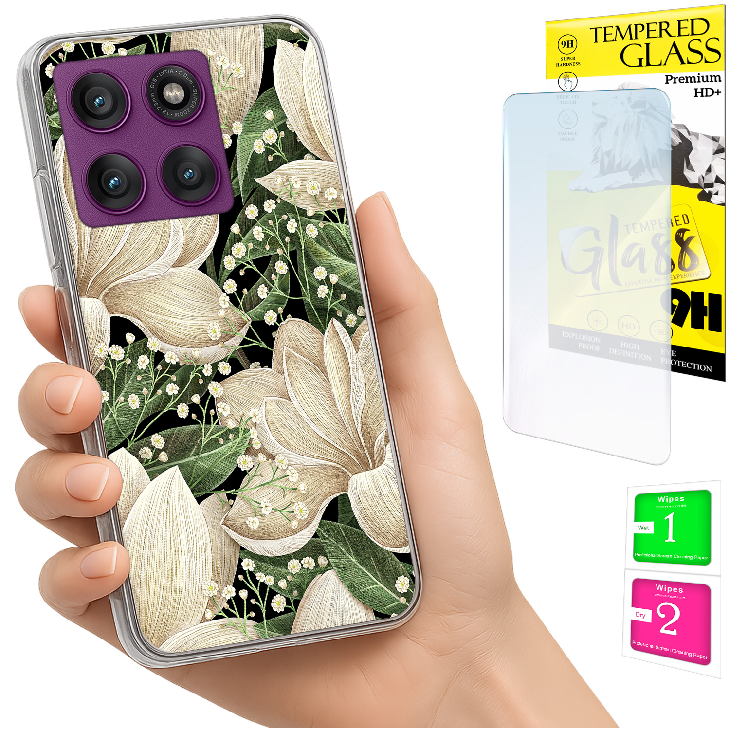Schutzhülle Für Motorola Edge 60 Pro Mit Fotomotiv, Rückseite Mit Blumenmuster + 9h-glas