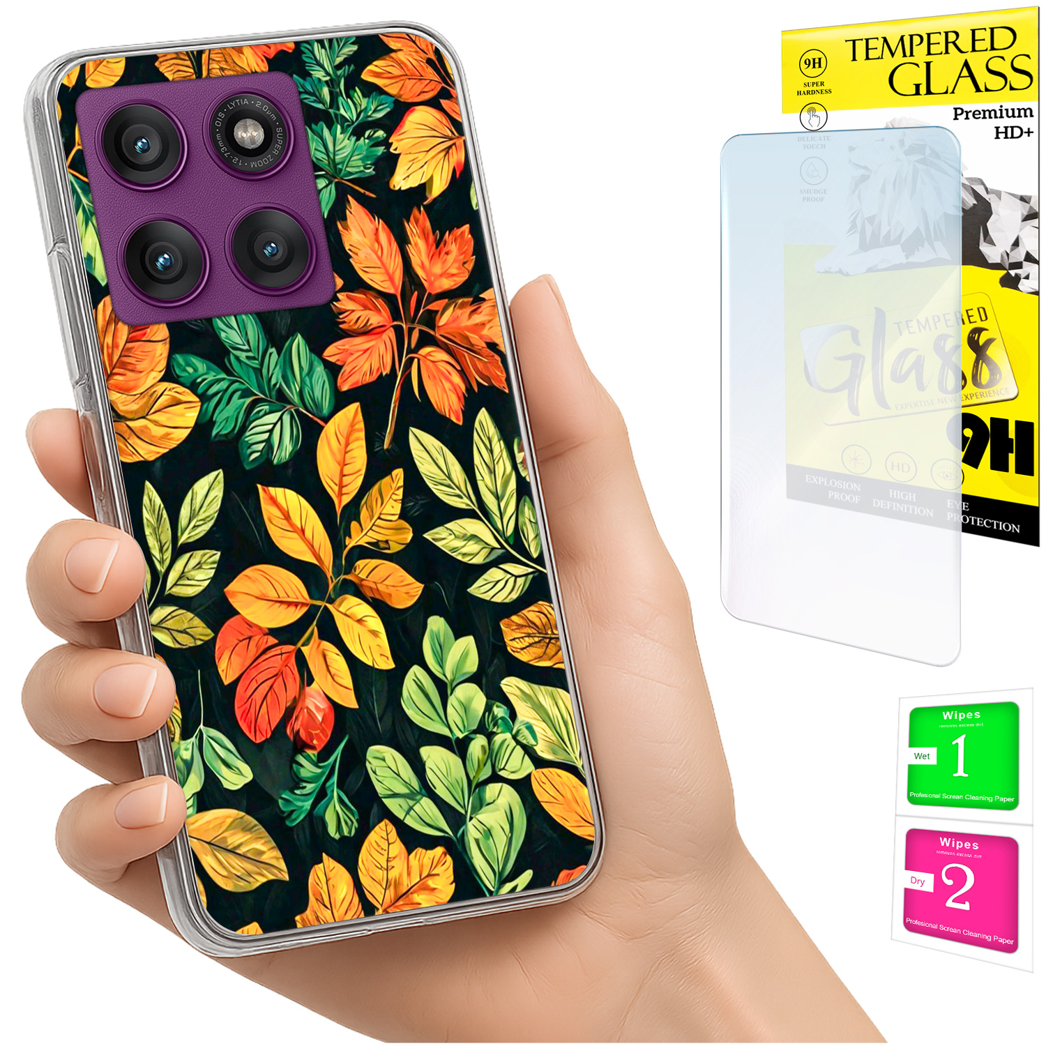 Schutzhülle Für Motorola Edge 60 Pro: Foto-rückseite Mit Blättermotiv + 9h-glas