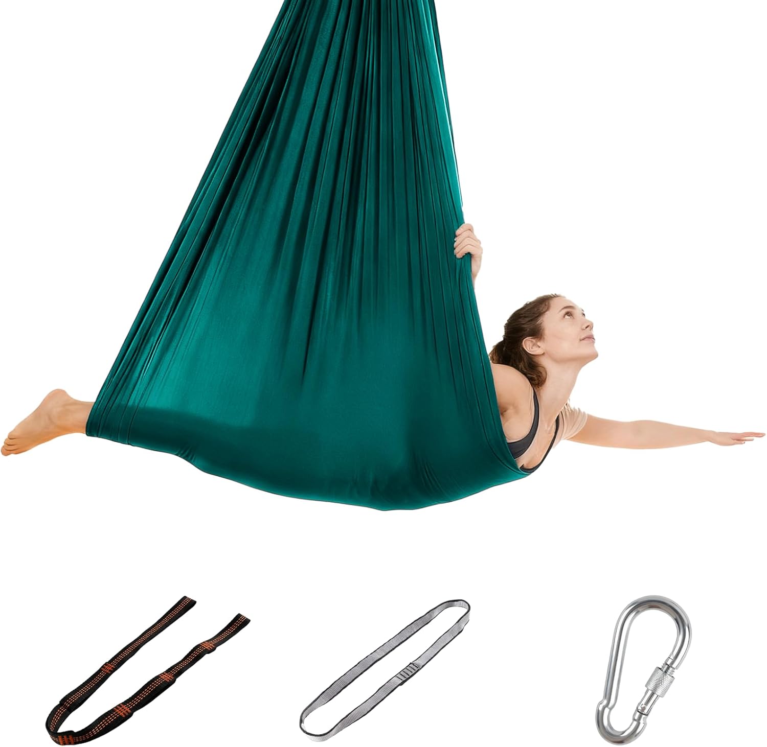 Aerial Yoga Hammock Set, Cloth Swing, Elastic Polyester Fabric, Includes Main Cloth + Extension Strap + Carabiner, 200 Kg Load Capacity, Child Safe & Non-slip, With Pe Zip Bag