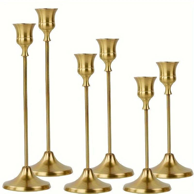 Goldener Kerzenständer Aus Metall – 1 Set / 6 Dekorative Kerzenhalter Für Spitzkerzen, 15/19/24 Cm, Ideal Für Kamin, Hochzeit, Weihnachten Oder Als Tischdekoration.