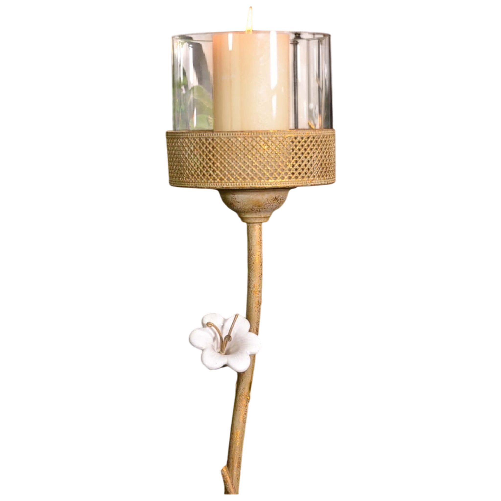 Hoher Goldener Kerzenständer Im Glamourösen Retro-stil Mit Porzellanblumen, 87 Cm