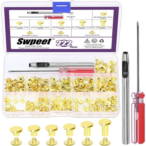 Packung Mit 110 Goldenen Ledernieten M5 X 4 Mm/5 Mm/6 Mm/8 Mm/10 Mm/12 Mm Inklusive Montagewerkzeug-set, M5 Chicago-schraubnieten Für Lederreparaturen