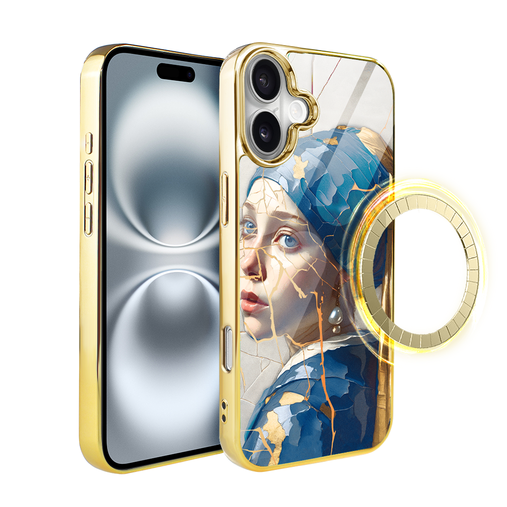 Iphone 16 Ibizu Elite Glashülle Mit Magsafe, Kintsugi-kunst, Frau Mit Perle, Gold