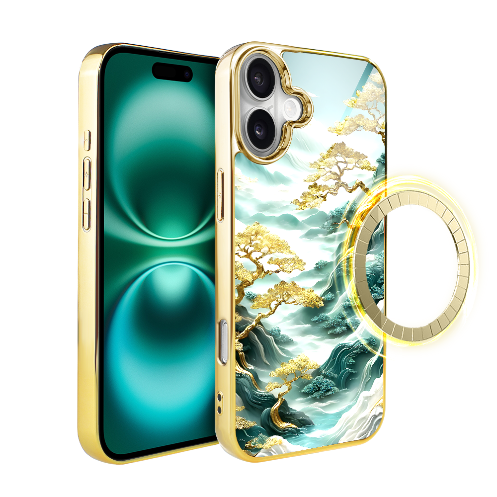Iphone 16 Plus Ibizu Elite Glashülle Mit Magsafe, Glasrückseite, Goldenen Bäumen Im Japanischen Stil, Gold