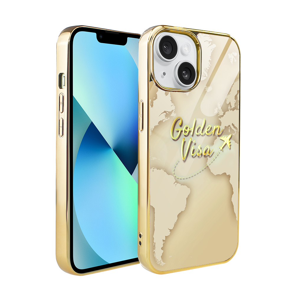 Iphone 13 Ibizu Elite Glass 3d Hülle, Glasrückseite, Goldene Weltkarte Mit Golden Visa Schriftzug, Gold