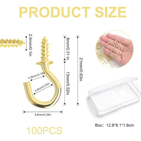 100 Kleine Schraubhaken Mit Box, 1/2 Zoll Goldene Schraubhaken, Mini-gold-schraubhaken Zum Aufhängen Von Zimmerpflanzen, Kunst, Küche, Büro