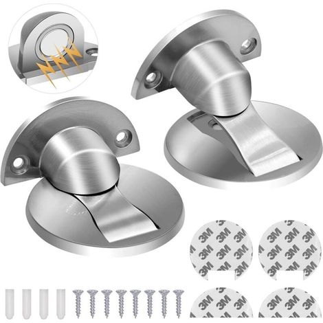 Set Mit 2 Magnetischen Türstoppern Aus Gebürstetem Edelstahl – Unsichtbar – Langlebig – Silber – Kein Bohren Erforderlich